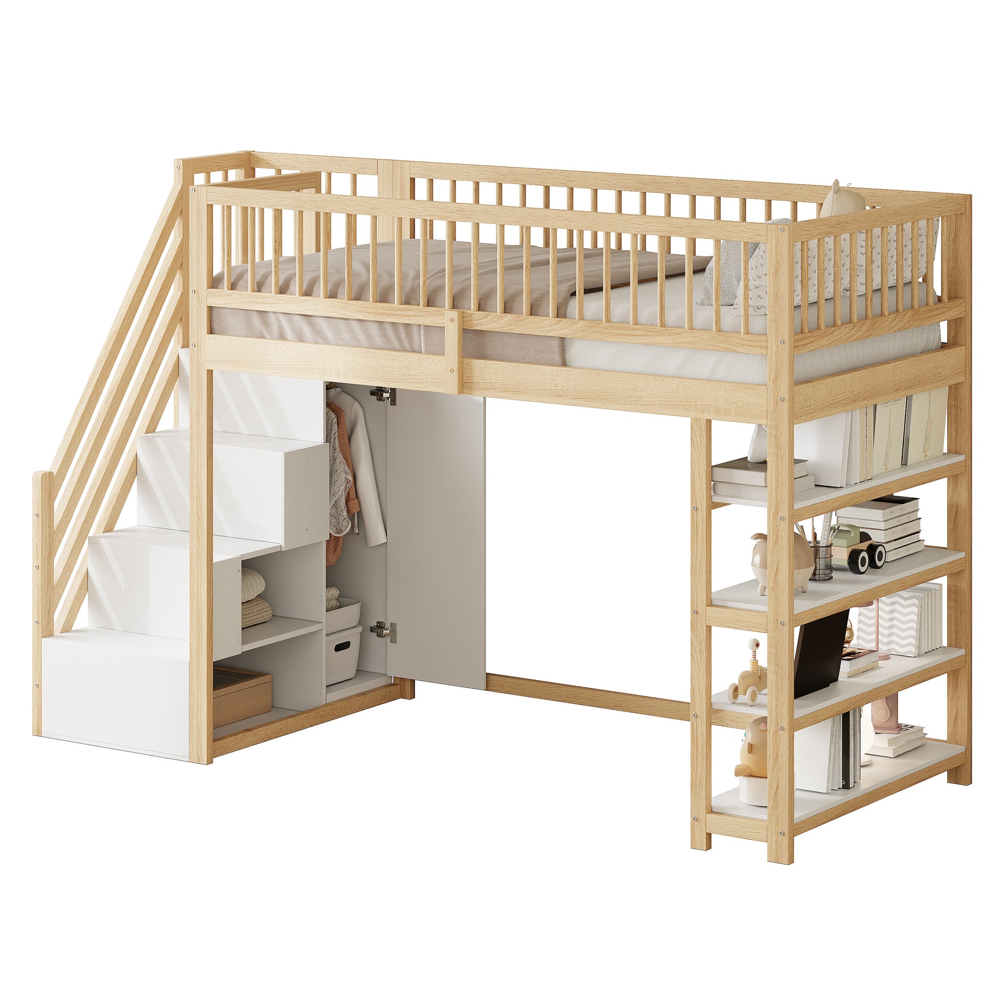Lit superposé pour enfants 90 x 200, barrières hautes, avec armoire, échelle de sécurité, couleur bois d'origine - 7