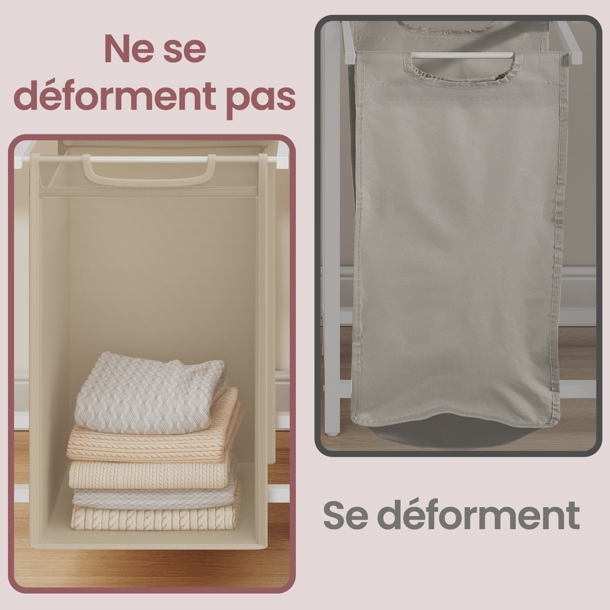 Panier à Linge 3 Compartiments, avec Étagère de Rangement, Sac Amovible, Cadre en Métal, 3 x 40 L, Beige - 4