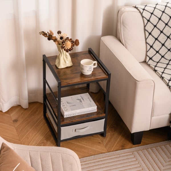 Tavolino da Salotto in Legno e Metallo, Tavolino Quadrato da Divano con Mensola Aperta e Cassetto in Tessuto, Tavolino da Caffè per Soggiorno - 2