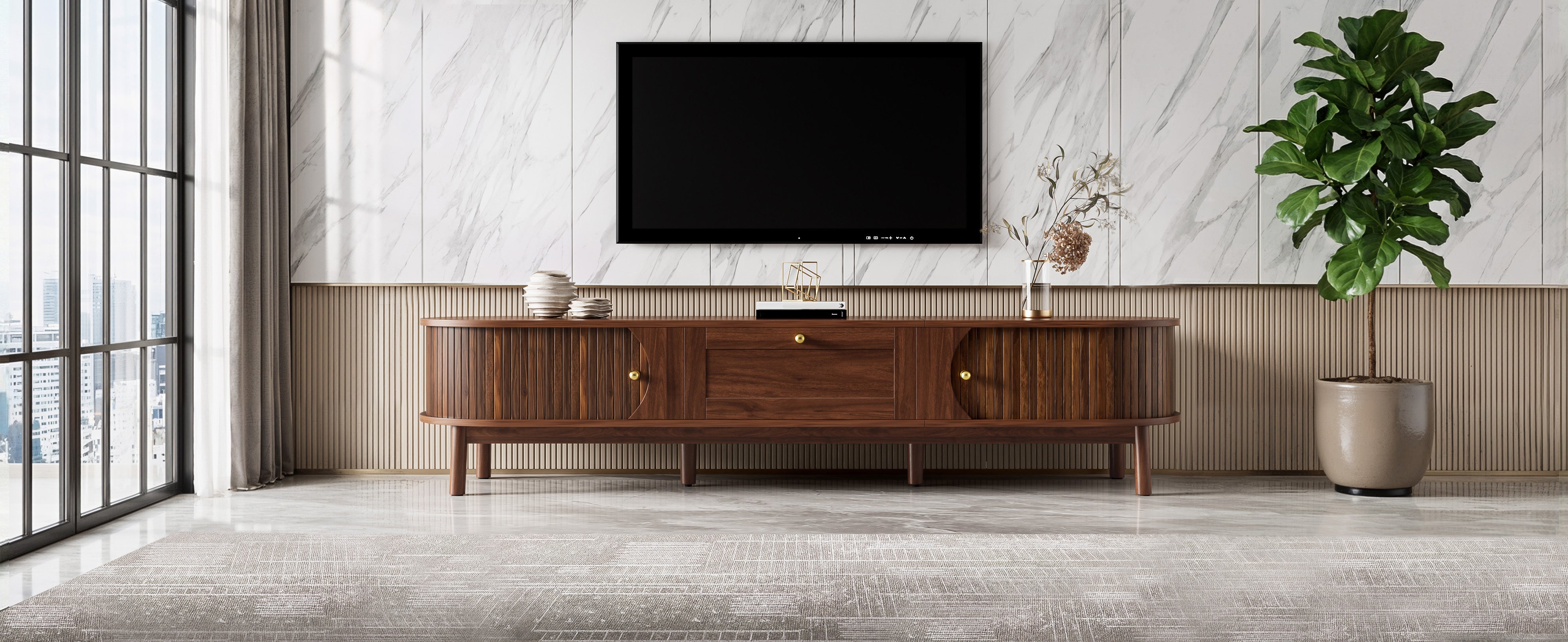 Nowoczesna szafka RTV z 2 drzwiami przesuwnymi i 1 szufladą - 170 x 39,5 x 38 cm - MDF i nogi drewniane - do salonu - orzech - 9