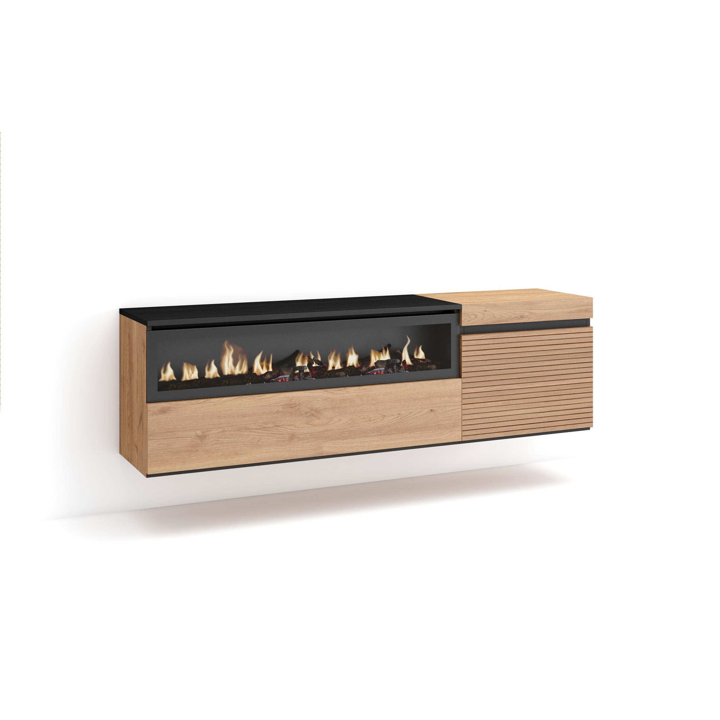 Meuble TV Skraut Avec Cheminée Électrique LED - 150x45x35cm, Style Moderne Noir