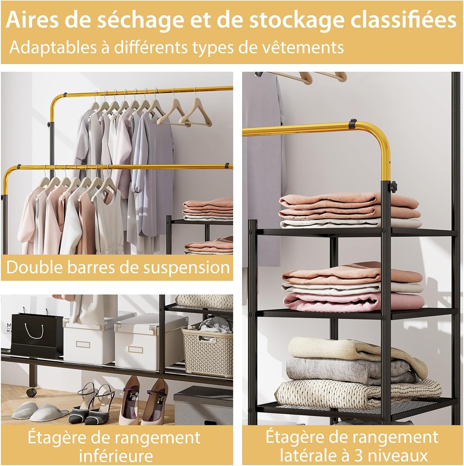 Portant à Vêtements à Double Mobile 135x54CM-2 Barres de Suspension Réglables/Etagère à 3 Niveaux et à Chaussures Noir+Or - 2
