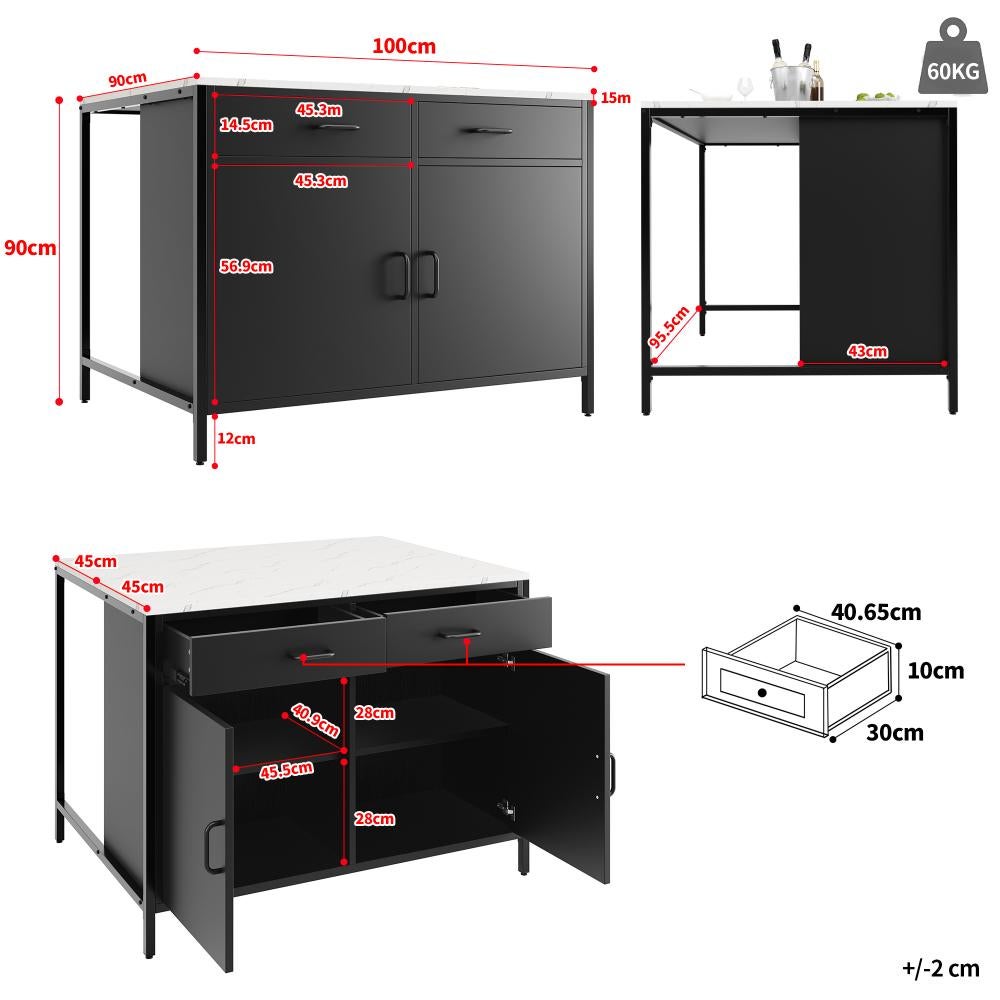 Table haute noire avec plateau effet marbre, pieds réglables, rangement pratique, design moderne pour cuisine et salon - 100×90×90cm - 5