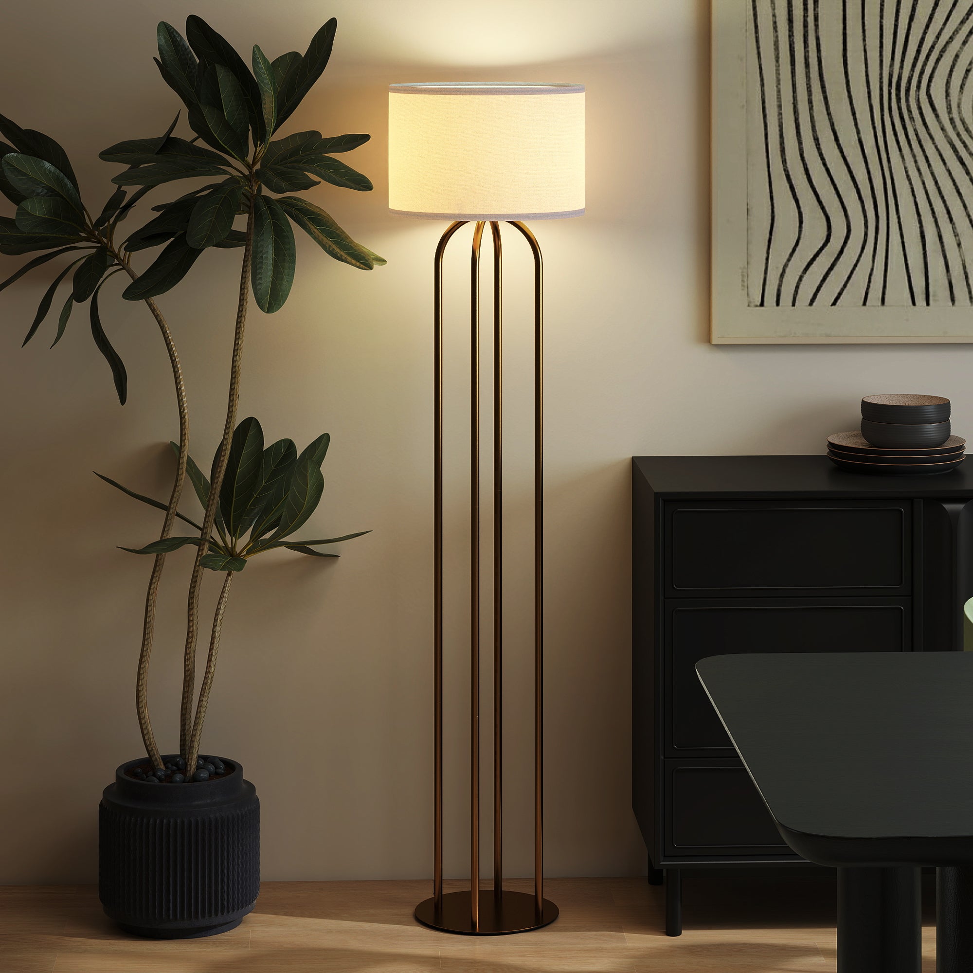 Lampadaire LED BLEOSAN – 166cm, Doré, Abat-jour PC, Variateur 0-100%, Blanc Chaud