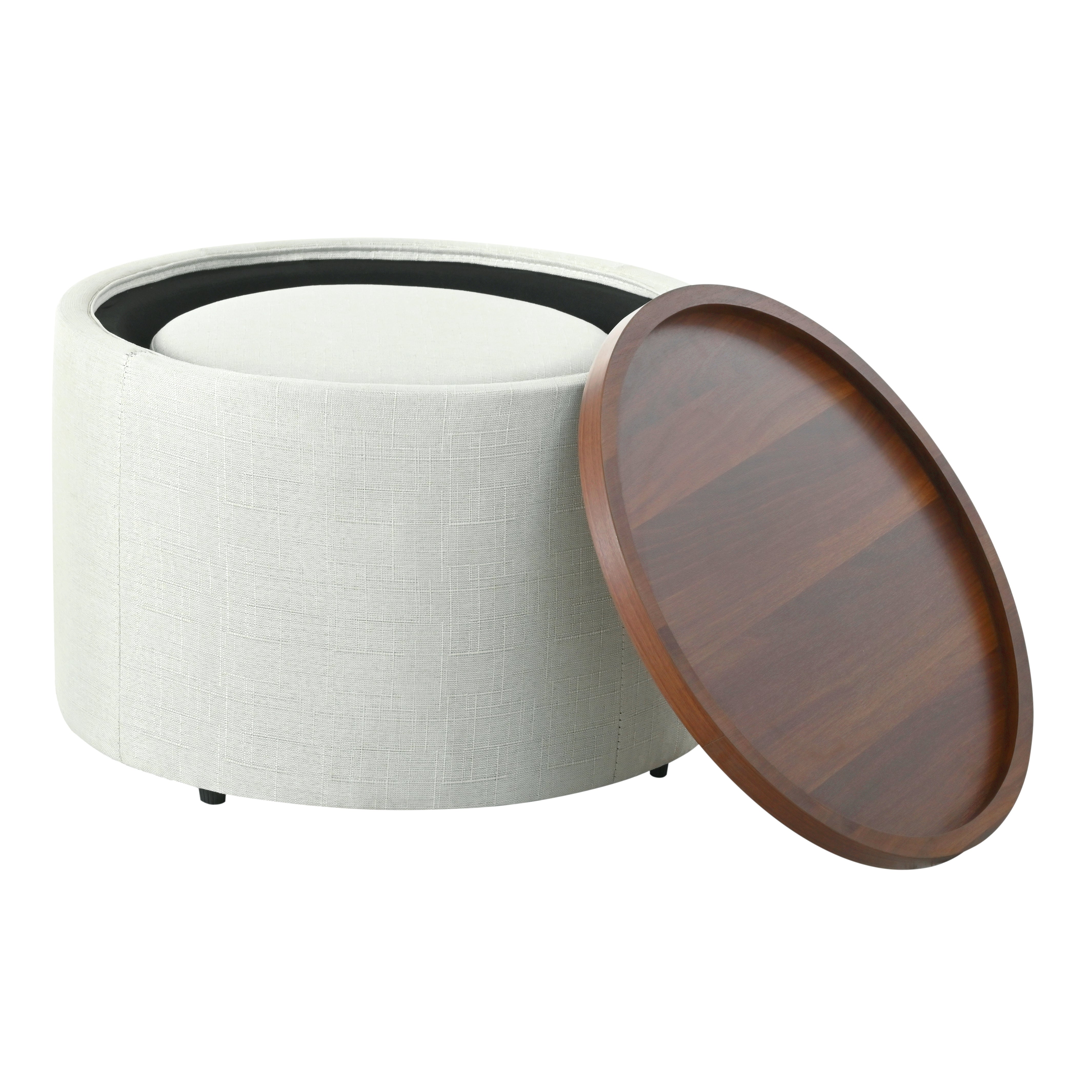 Set di 2 pouf impilabili con contenitore, piano in legno, in lino, beige - 6