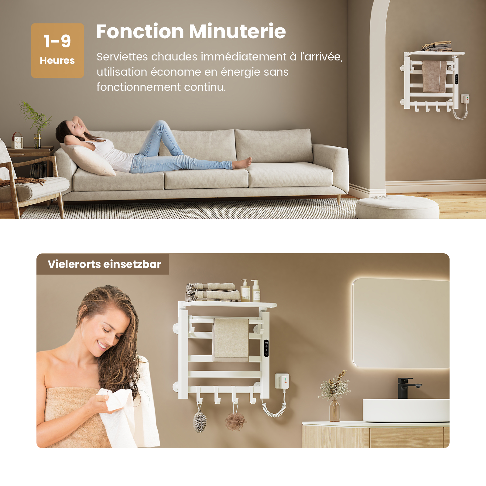 EMKE Sèche-Serviettes Électrique 500x500 mm, Chauffage Salle de Bain Intelligent à Température Constante, Chauffe-Serviettes Électrique 140W Blanc - 4