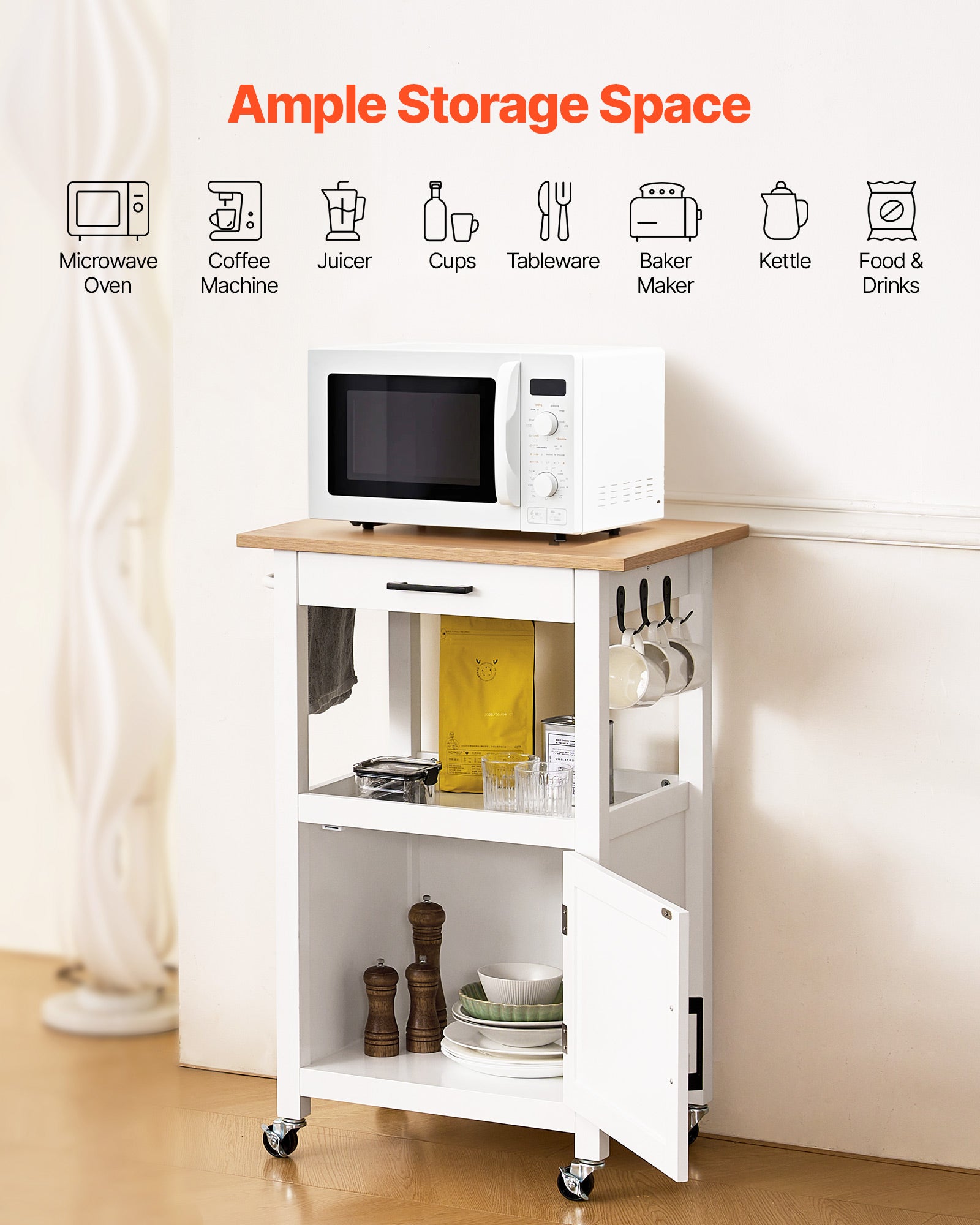 Carrello da cucina per isola,VEVOR carrello da cucina mobile con piano in legno da 90 cm con armadietto portaoggetti,ribalta,portaspezie,nero | Leroy Merlin