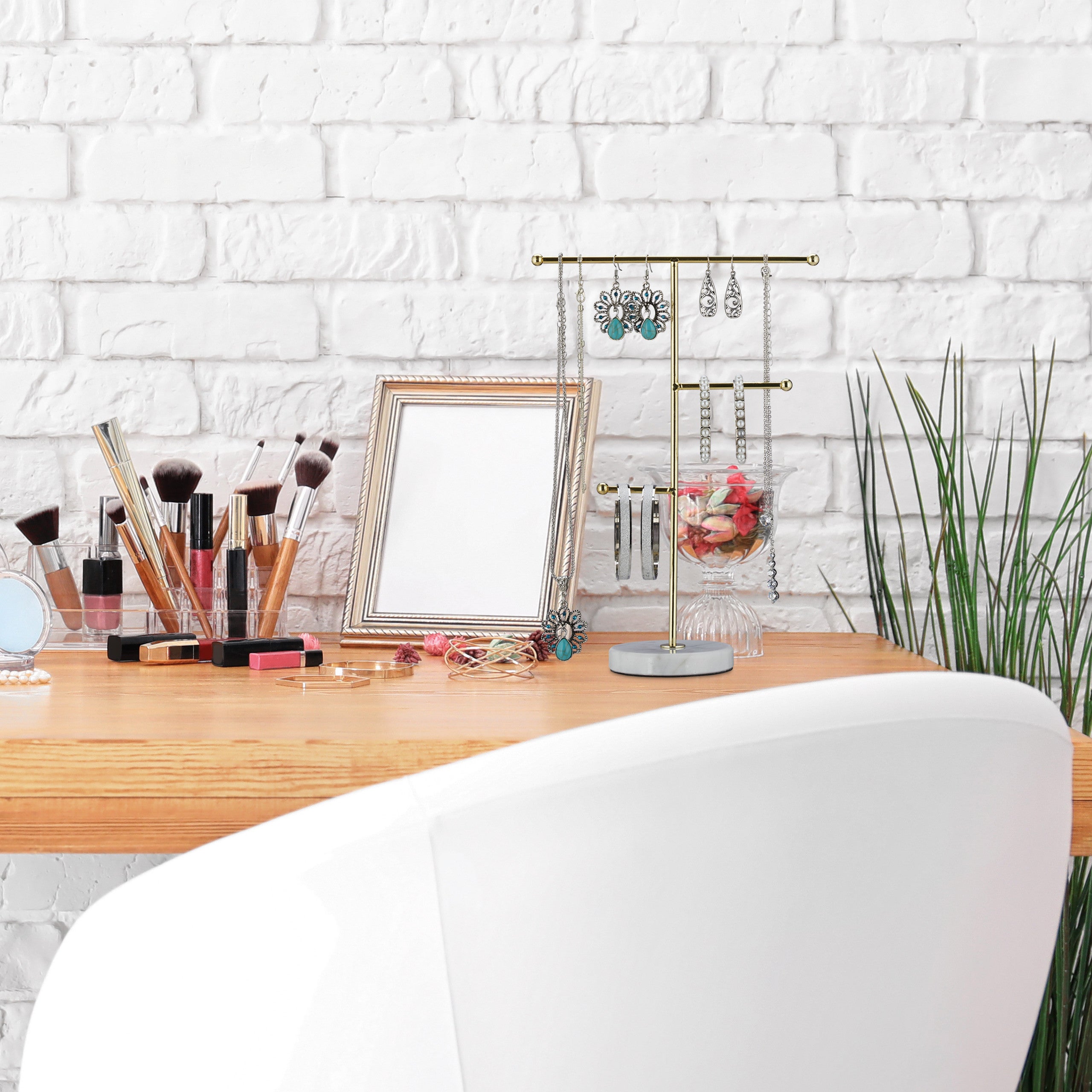 Porte-bijoux, marbre, 3 barres, rangement bijoux, HLP 26x19x8 cm, blanc/or, Relaxdays - 2