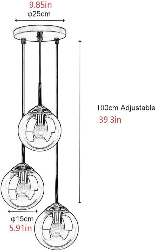 Lustre industriel DLSixyi à 3 suspensions. Sphères verre transparent/gris/ambre. Pour îlot cuisine et salon. Culot E27 - 6