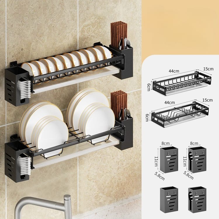 Lot de 2 étagères murales sans perçage, égouttoir à vaisselle en acier noir pour bols et assiettes, capacité 10 bols, 44 x 15 x 6 cm - 8