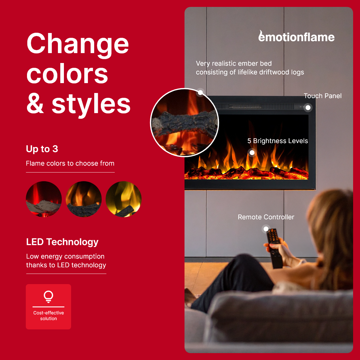 Insert électrique Emotion Flame Infinity pour cheminée électrique - feu premium - encastrable - 66x14x50 cm - cheminée LED avec chauffage 750/1500 W - 3