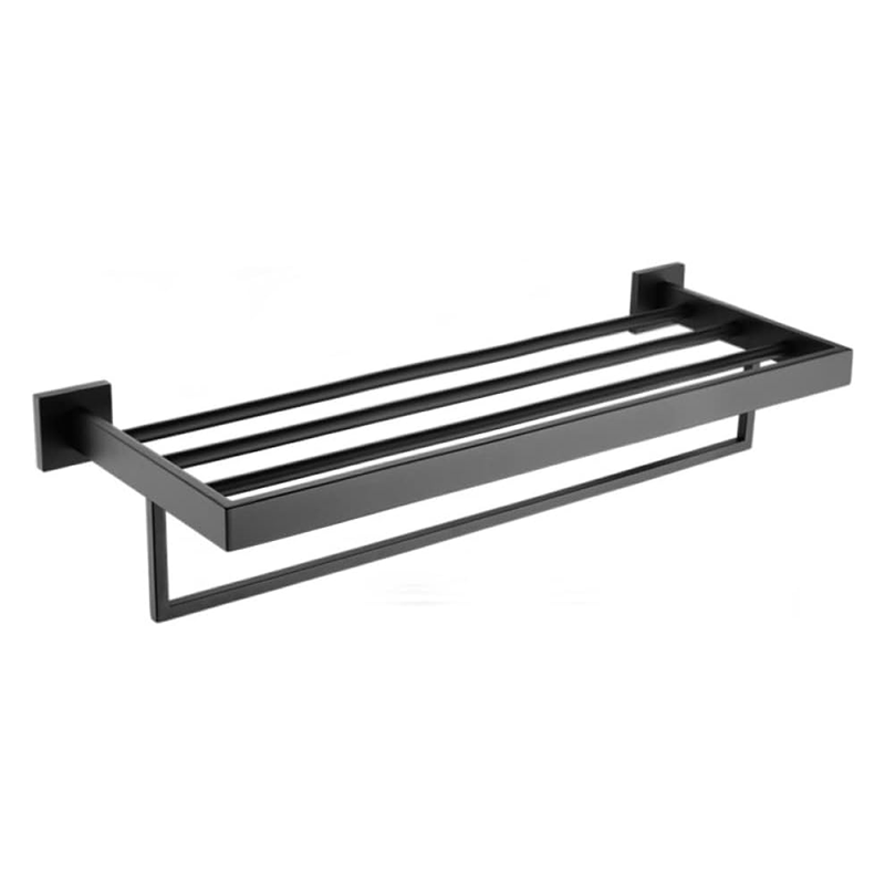 Toallero de pared de acero inoxidable con acabado dorado cepillado y espacio de almacenamiento integrado.