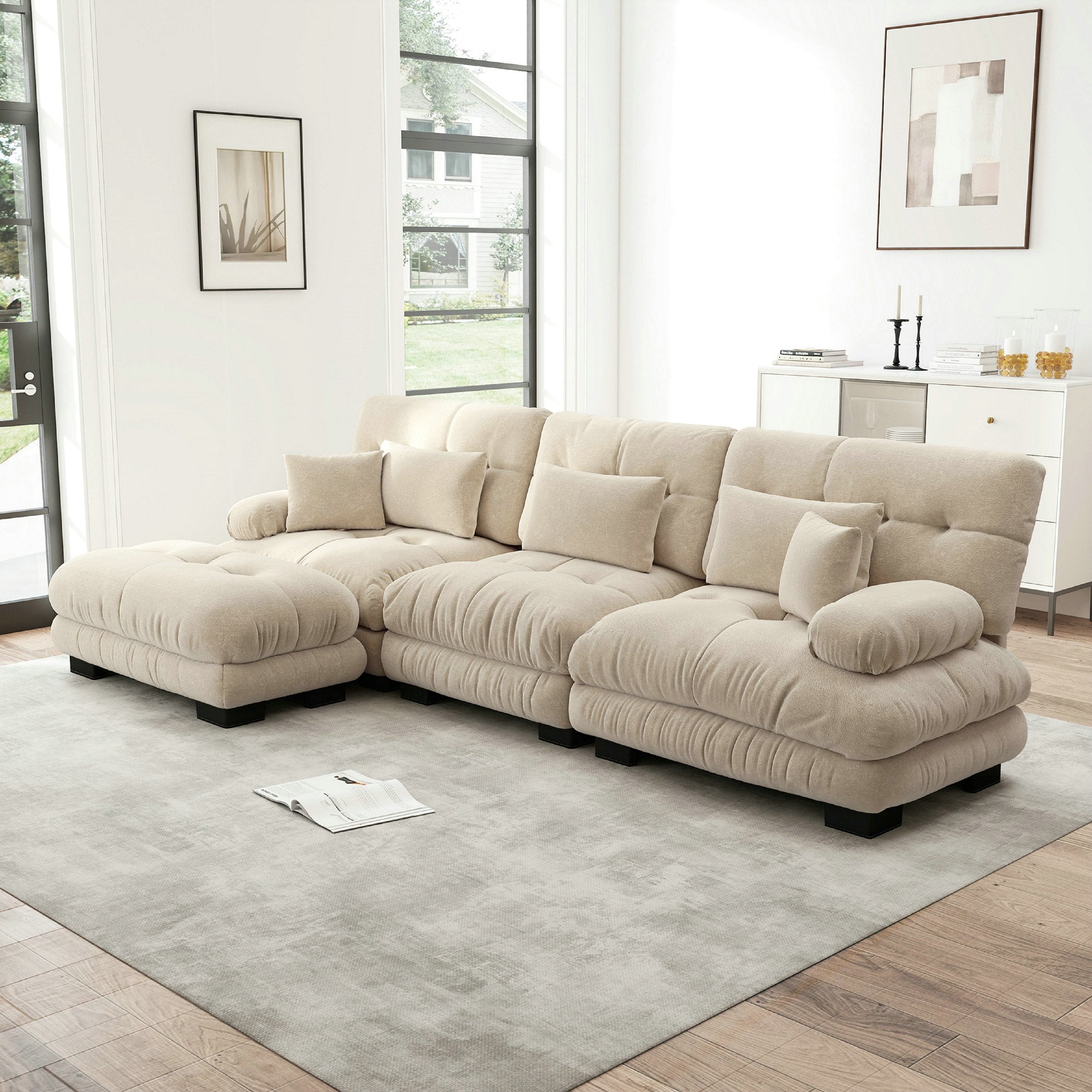 Canapé d\'angle modulaire luxueux 3 places – en forme de nuage, confortable – canapé-lit profond avec pouf – chenille – marron clair - 4