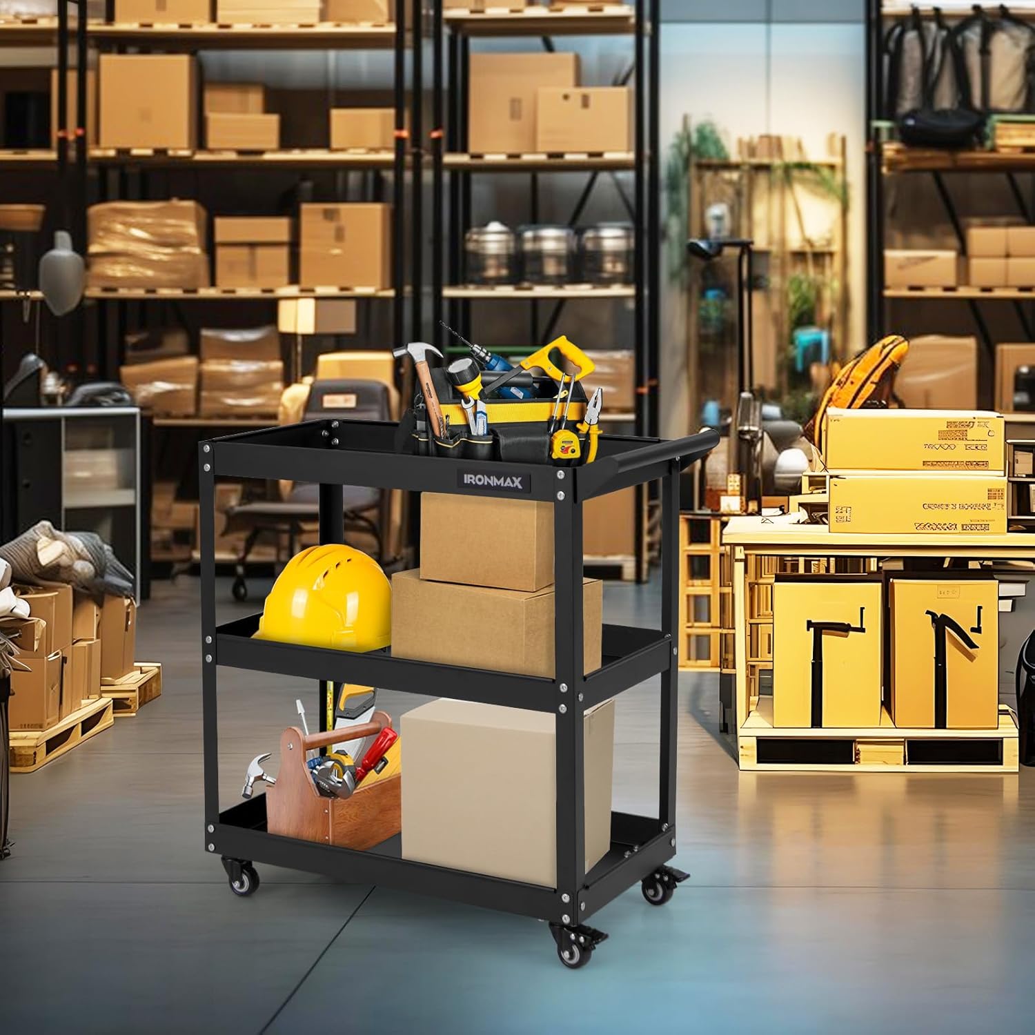 Carrello Portautensili a 3 Livelli, Carrello Metallico Resistente con 3 Ripiani, 4 Ruote Universali con 2 Freni, per Garage, Casa, Magazzino, - 8