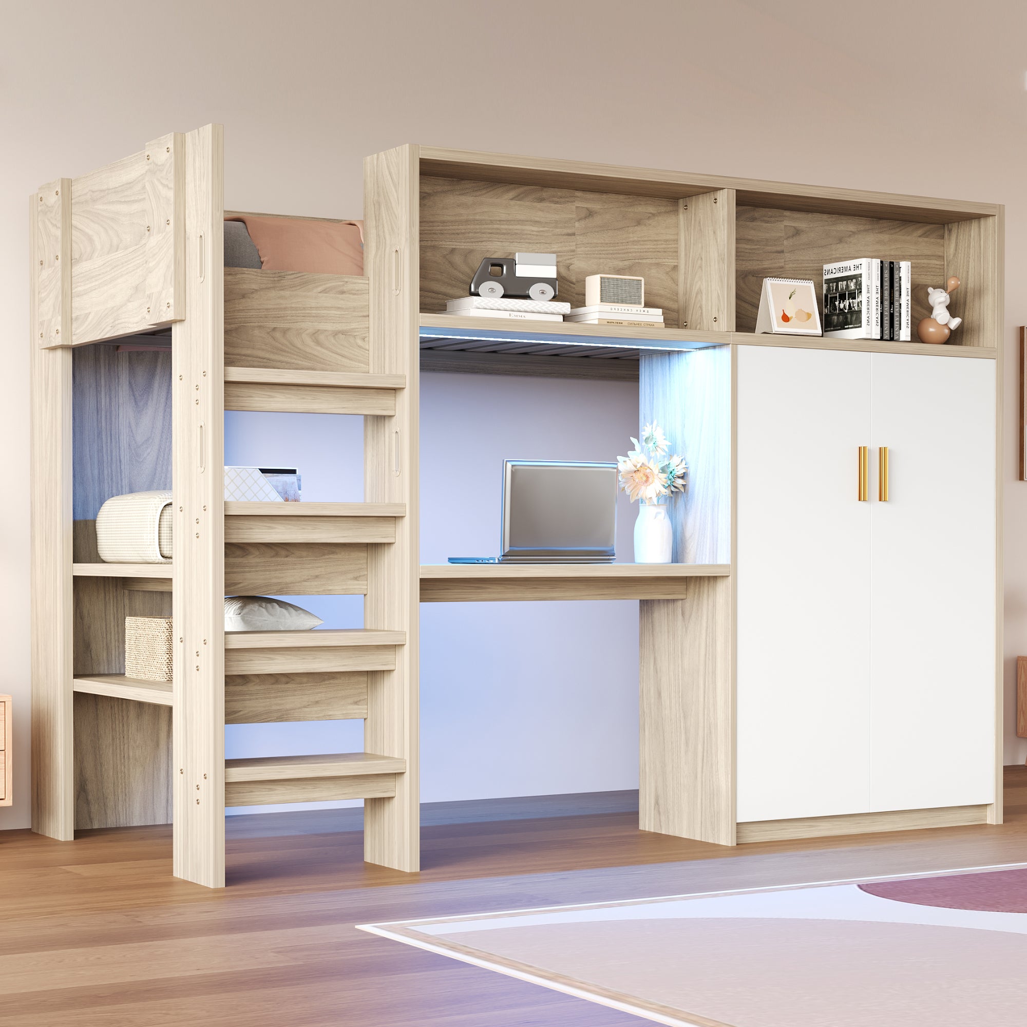 Łóżko piętrowe 90 x 200 cm z biurkiem, szafą i półkami - Płyta wiórowa + sklejka + MDF - Diody LED - Wykończenie drewniane