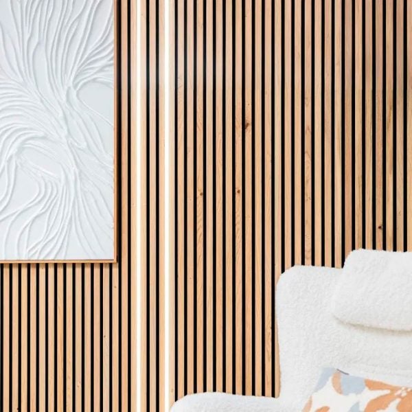 Pack: 2 paneles palilleria akupanel acústico, decorativo pino mediterraneo 240x60cm + 2 tiras led + mando a distancia