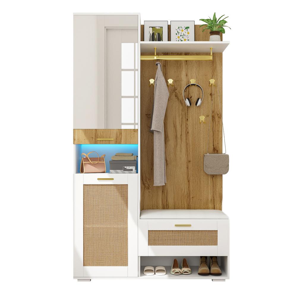 Ensemble de garde-robe moderne Bois et blanc avec miroir, LED, meuble à chaussures et banc - 2