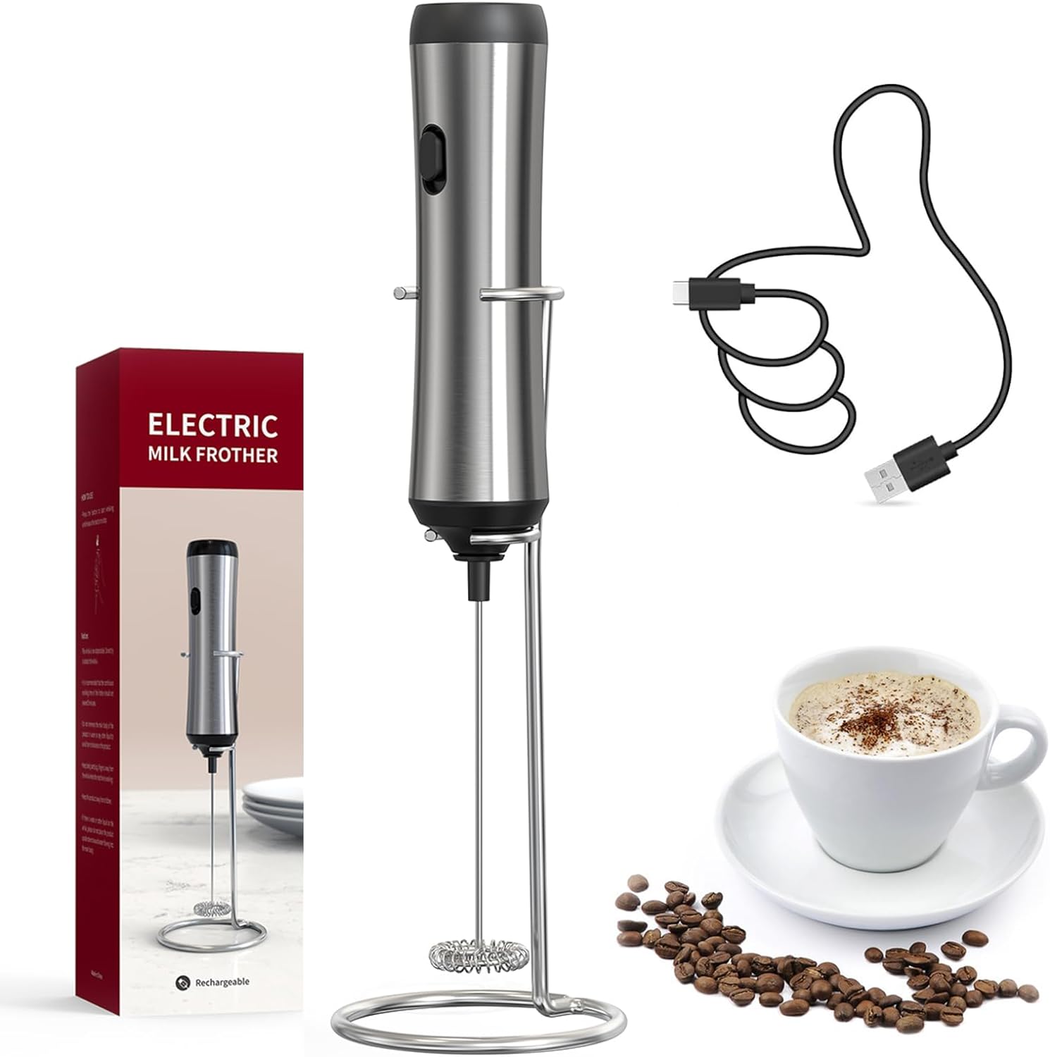 Elektryczny spieniacz do mleka, akumulatorowy mini mikser do napojów do kawy, cappuccino, latte i matcha, srebrny