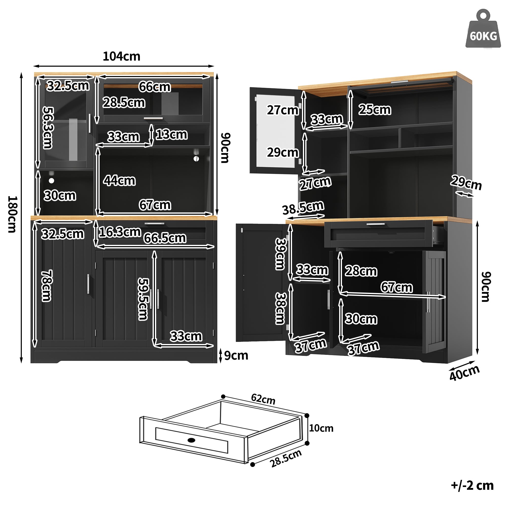 Buffet haut vaisselier de cuisine 104x40x180cm avec éclairage LED intégré, vitrine de rangement moderne pour salon, grande capacité, Noir - 5