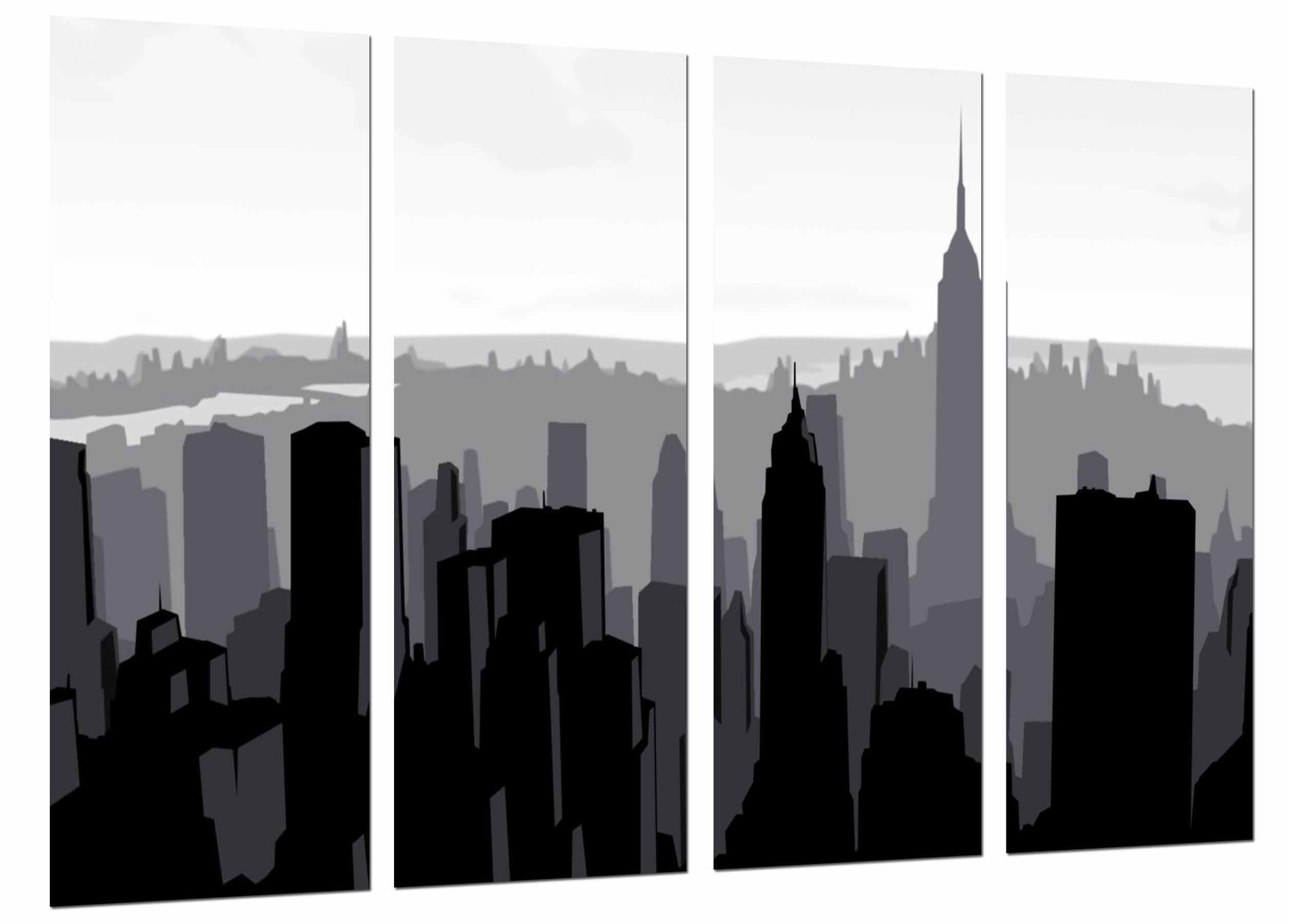 Silueta ciudad dibujo rascacielos negro gris blanco, impresión fotográfica sobre madera, cuadro moderno decorativo