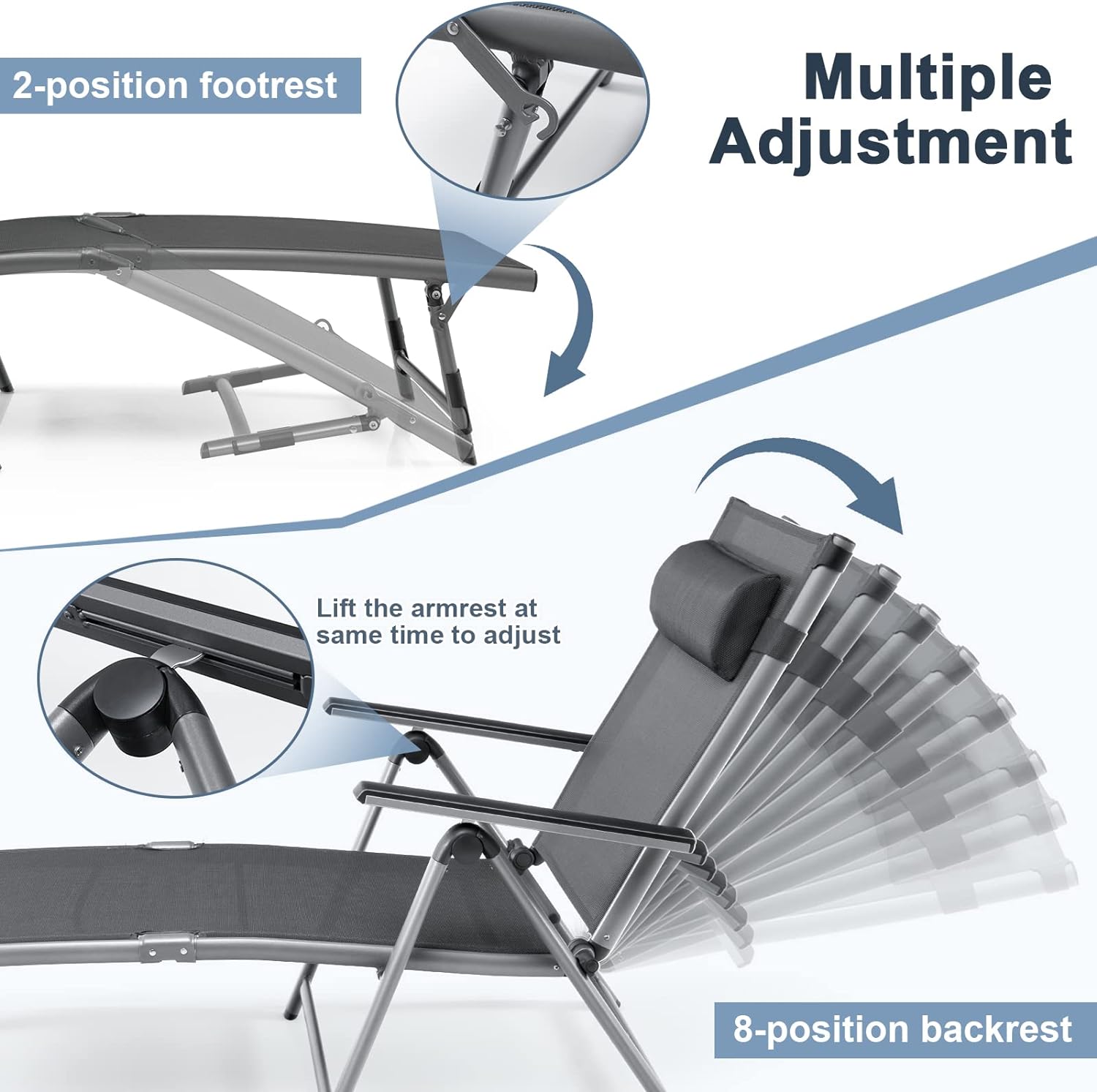 Chaise Longue Pliable en Aluminium avec Dossier Réglable en 8 Positions, Transat Inclinable Extérieur avec Pieds Antidérapants à 2 Positions - 5