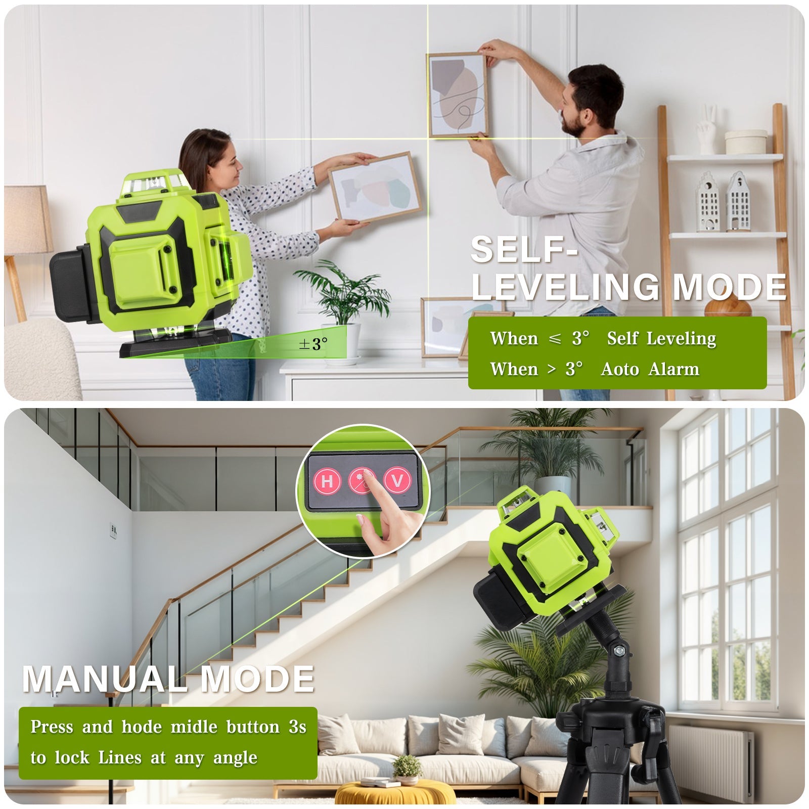 STANEW Niveau laser 4 x 360°, vert Lignes laser vertes horizontales et verticales 4D à 16 lignes, télécommande intégrée, 2 piles 2400 mAh - 5