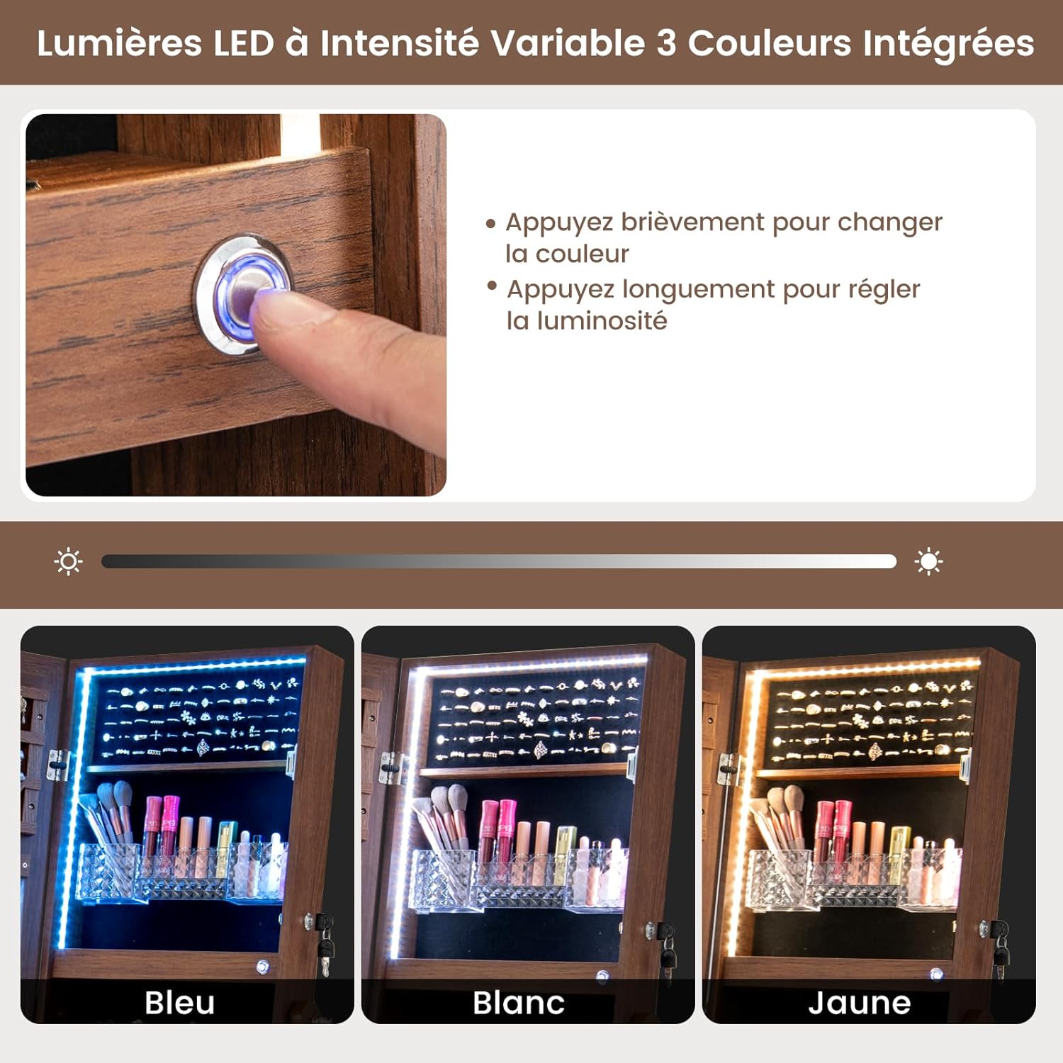 Armoire à Bijoux avec Miroir, Armoire de Rangement sur Pied pour Boucles d'Oreilles, Organisateur de Bijoux Verrouillable avec Lumières(Brun) - 6