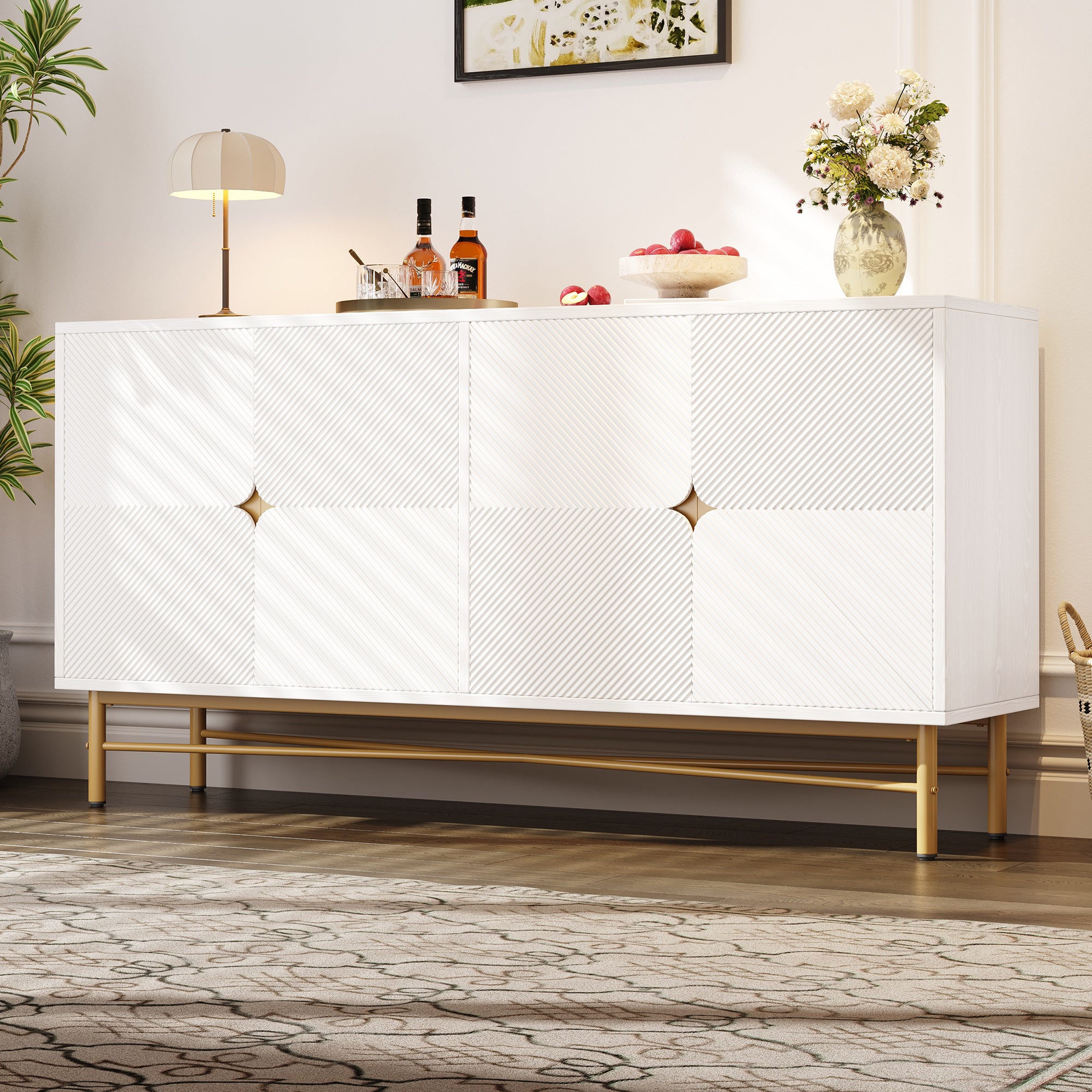 Buffet Blanc 160 cm, Meuble Salle à Manger avec 4 Portes - Rangement Storage avec poignées Dorées Brossées et Pieds Brillants - 2