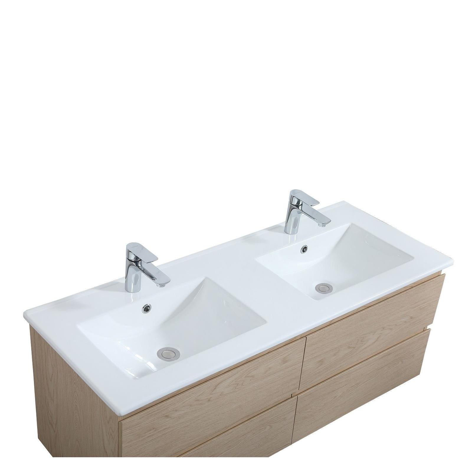 Meuble double vasque 120cm avec plan céramique SORRENTO Décor chêne + colonne - 8