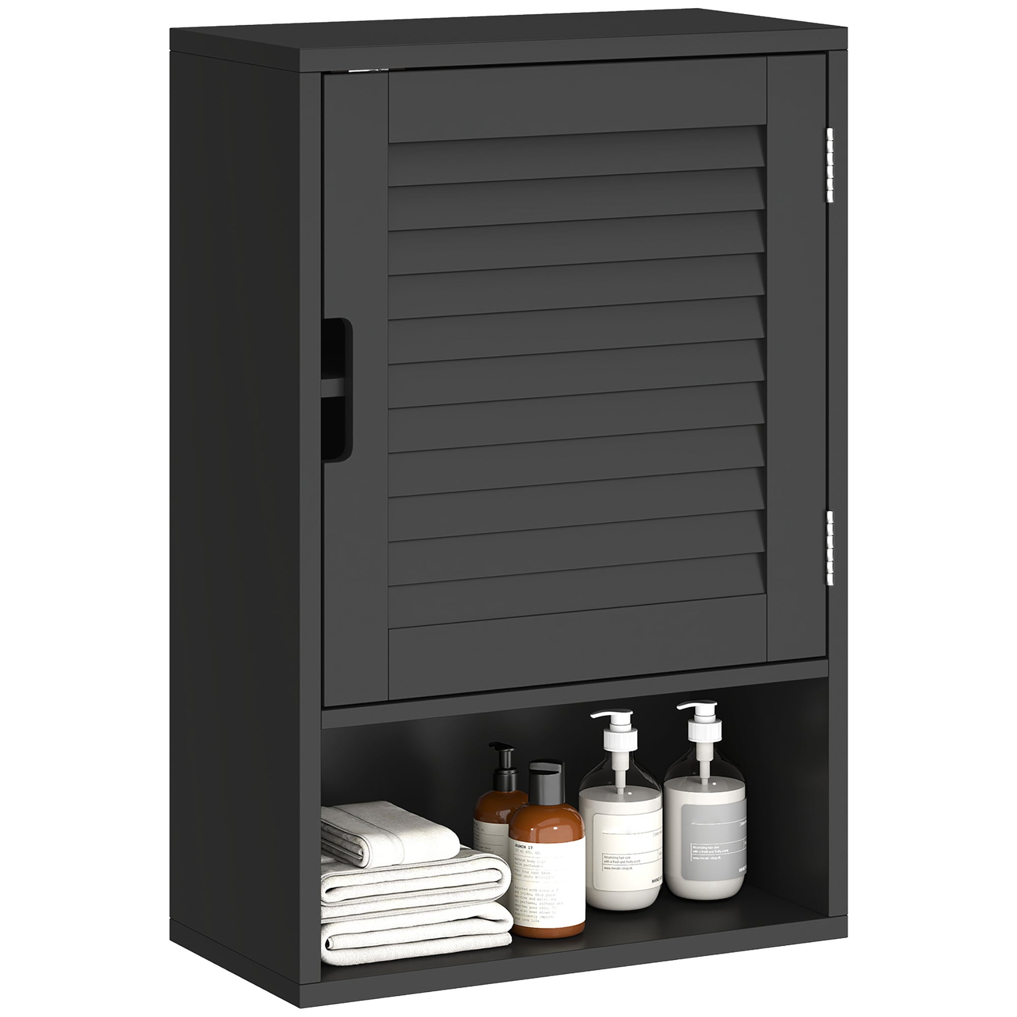 Armario de baño de pared con estante ajustable y puerta de cierre suave, 40x20x60 cm, negro.