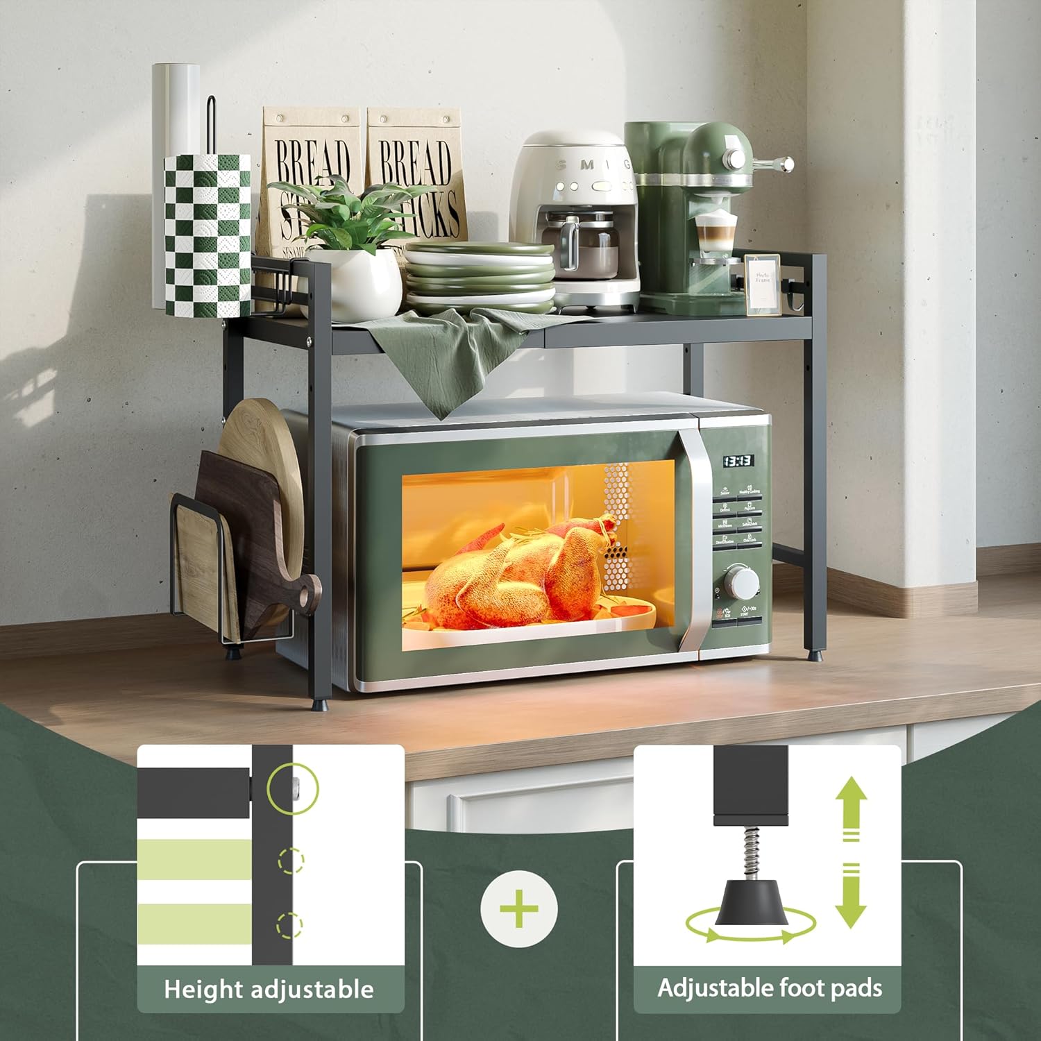 Étagère à micro-ondes extensible à 2 niveaux,étagère de cuisine debout pour four, support micro-ondes avec crochets et support,noir - 4