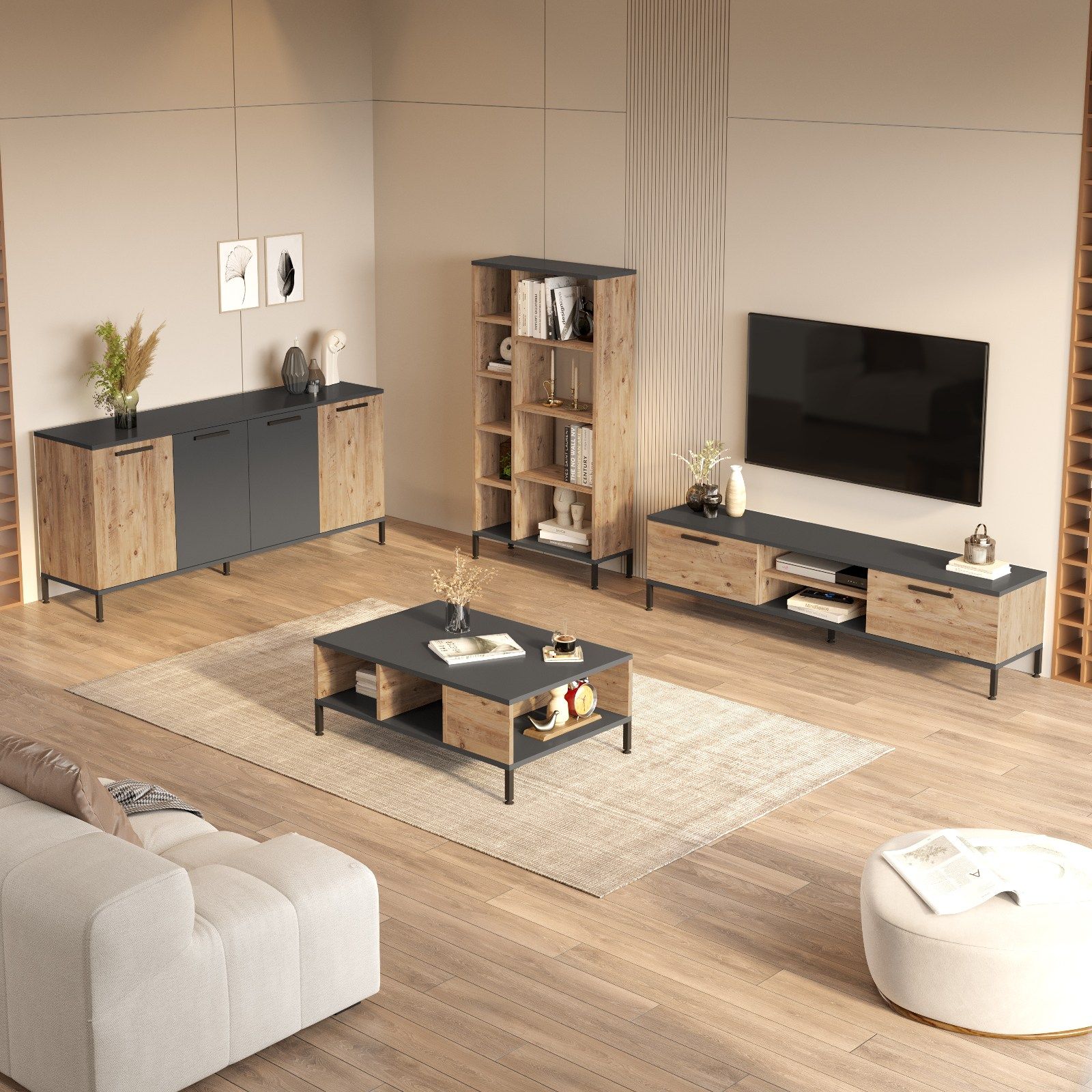 Set de muebles de salón con mueble TV y librería Nythox | Leroy Merlin