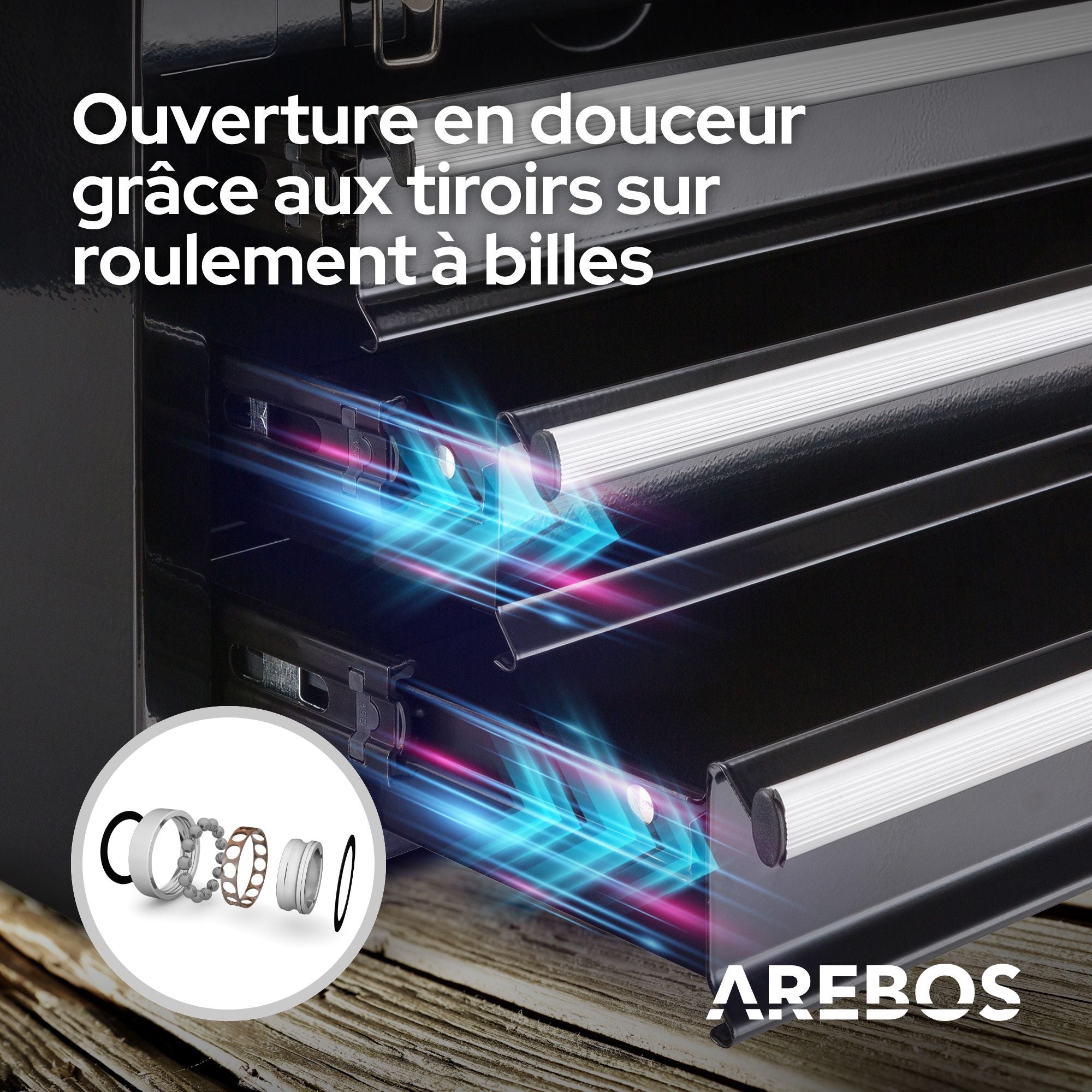 AREBOS Boîte à outils avec 3 tiroirs et 2 compartiments de rangement Noir Poignée de transport et fermetures à pression Coffret à Outils - 7