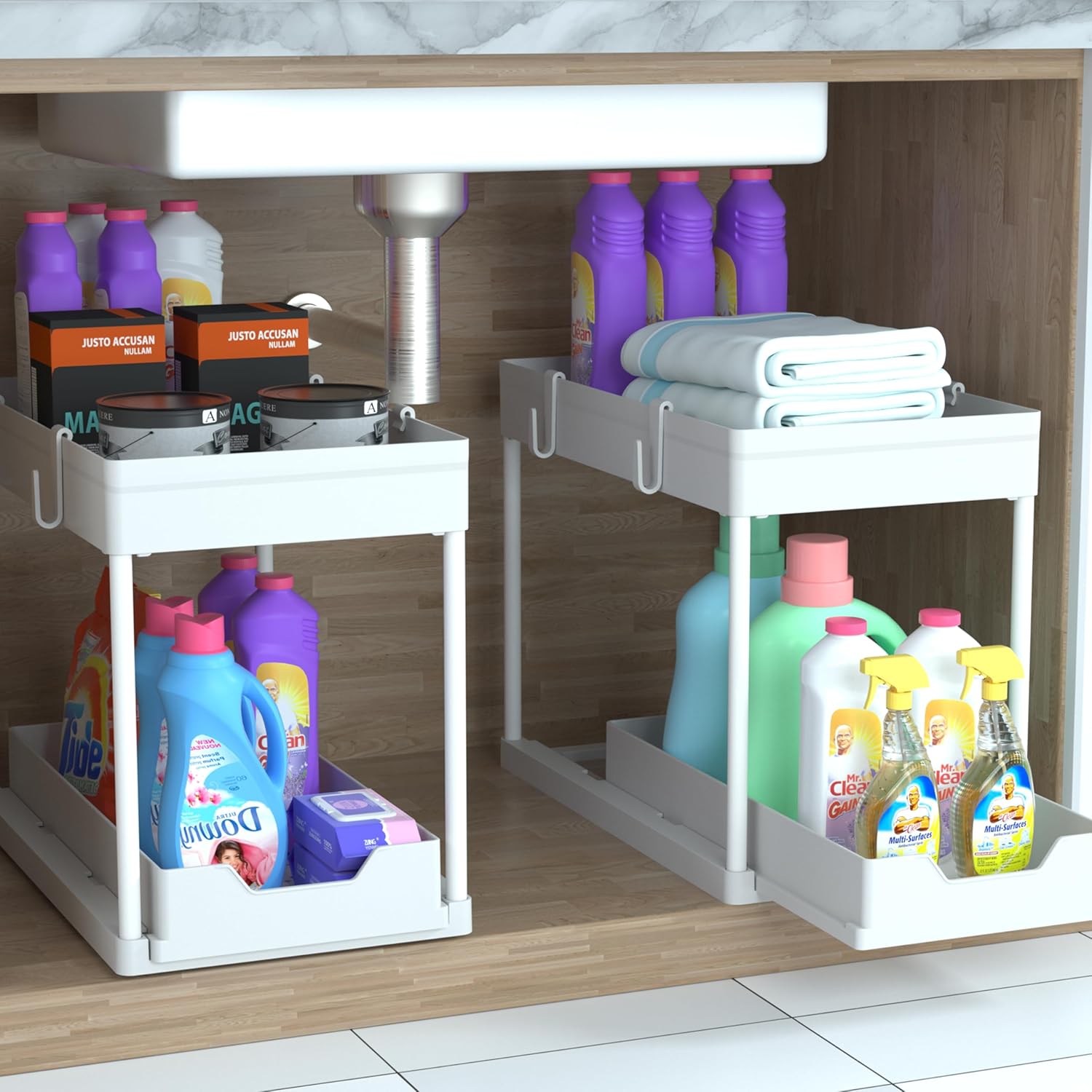 Lot de 2 organiseurs sous évier, organiseur à 2 niveaux sous évier de cuisine et salle de bain, organiseur sous armoire avec tiroir coulissant - 3