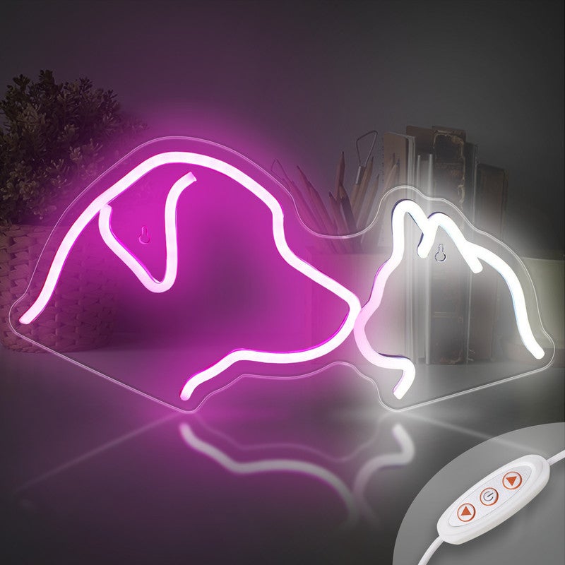 Enseigne Néon Chien Chat LED - Décoration Murale Lumineuse Pour Chambre, Animalerie Ou Salon - 33x28cm