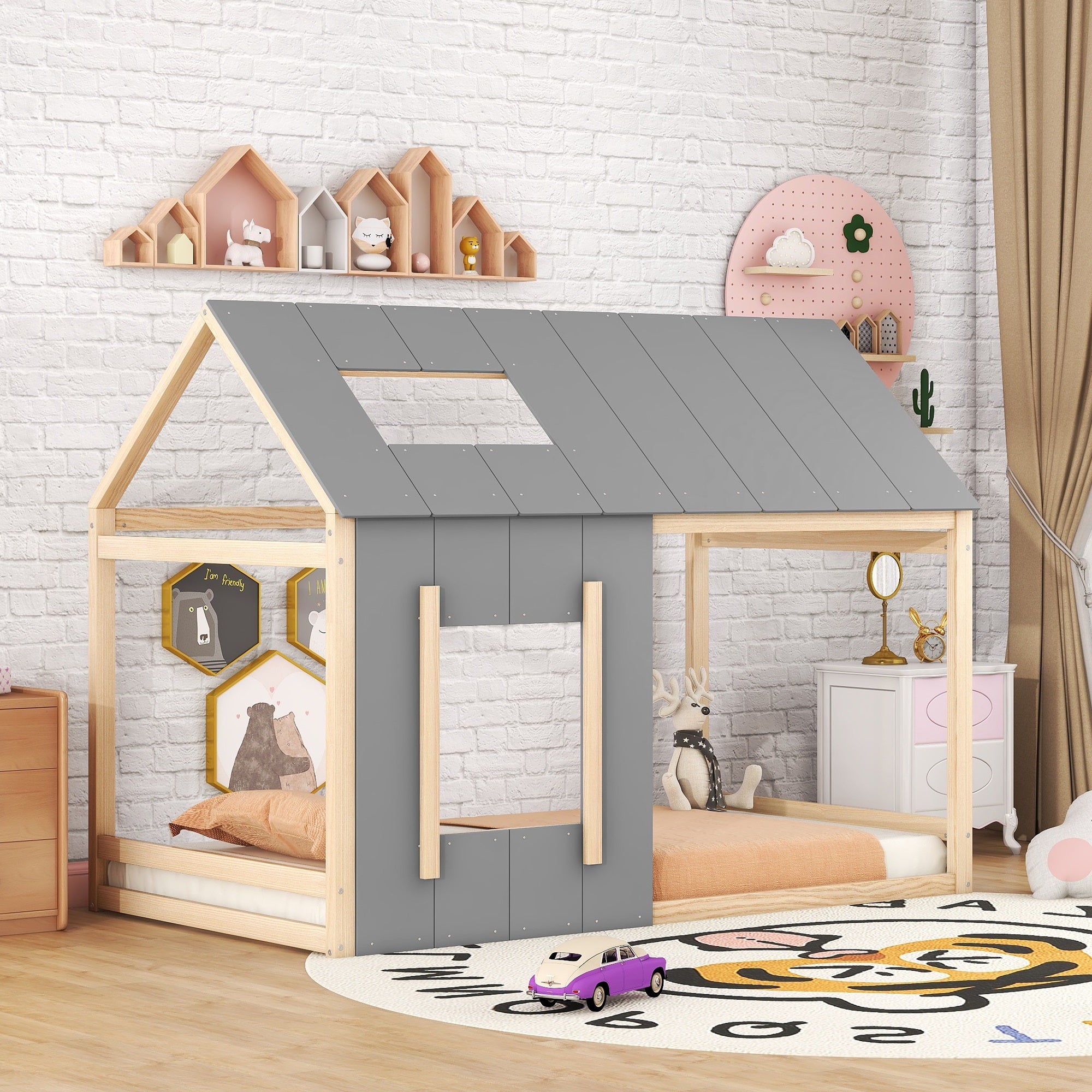 Cama Cabaña Infantil De Madera De Pino Natural | Con 2 Cajones Para Juguetes | 90x190 Cm, Fácil De Montar