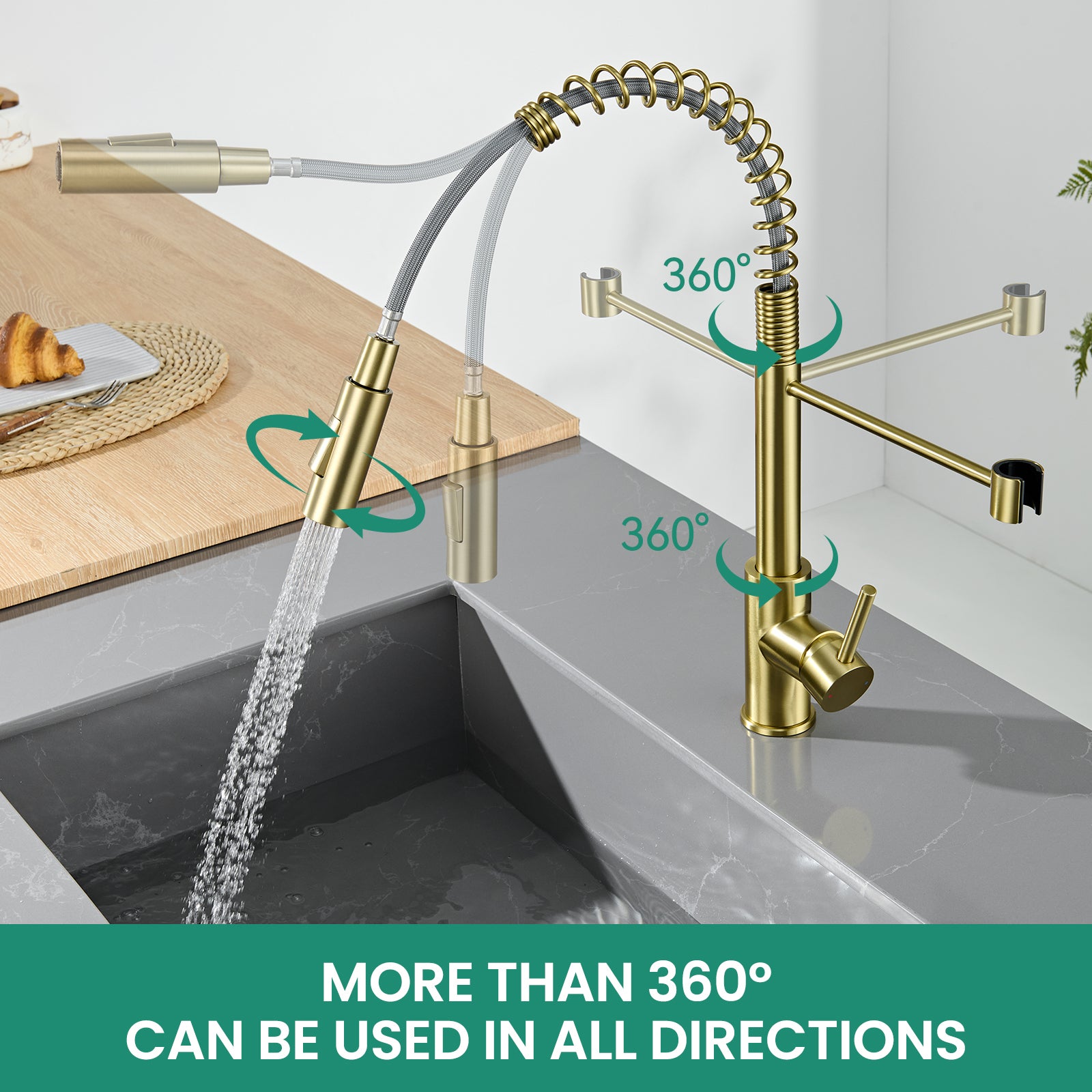 Cecipa Max Robinet Cuisine avec Douchette Extractible Dore, Mitigeur Cuisine avec 2 Jets, Robinet évier avec douchette - 4