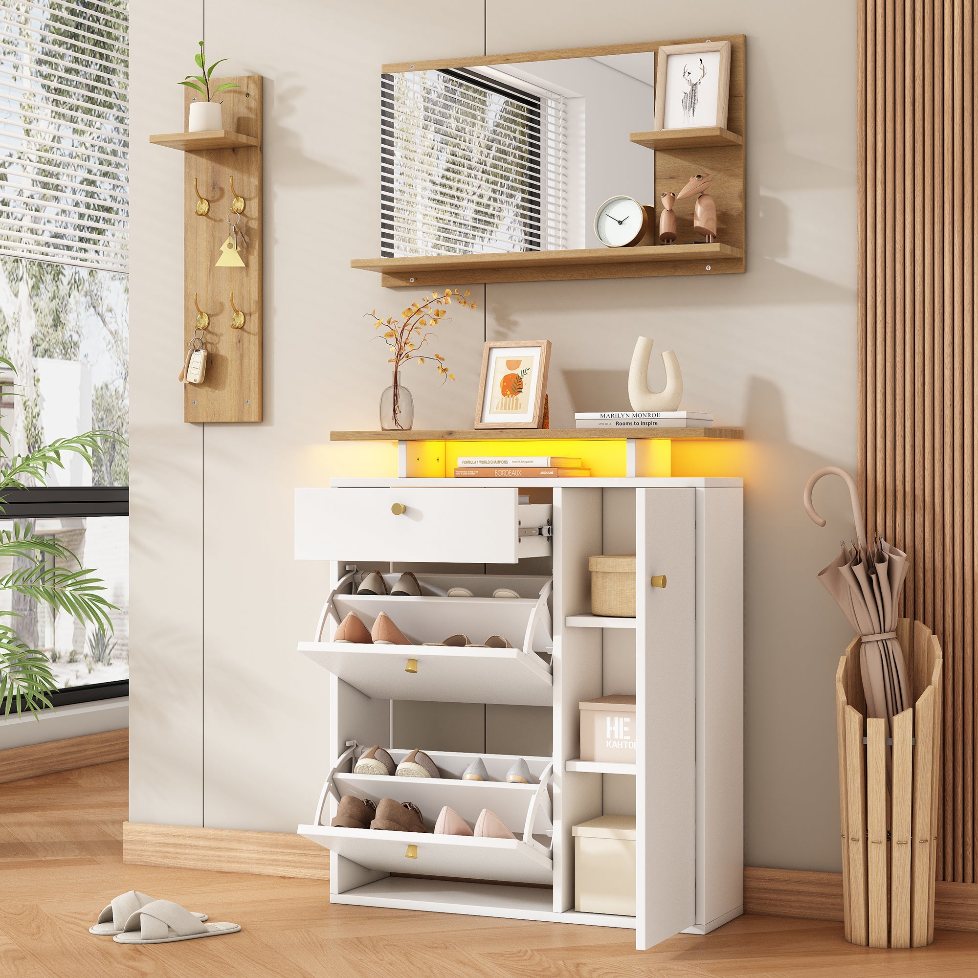 Conjunto de recibidor de 3 piezas: armario con espejo, perchero led y zapatero, 4 ganchos, color natural y blanco. medidas: 105×25×151,5 cm.