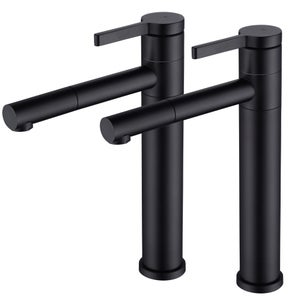 2X Robinet Salle de Bain Noir Mitigeur pour Vasque Haut Bec Pivotant 360° Robinetterie de Lavabo en Acier Inox Design Moderne