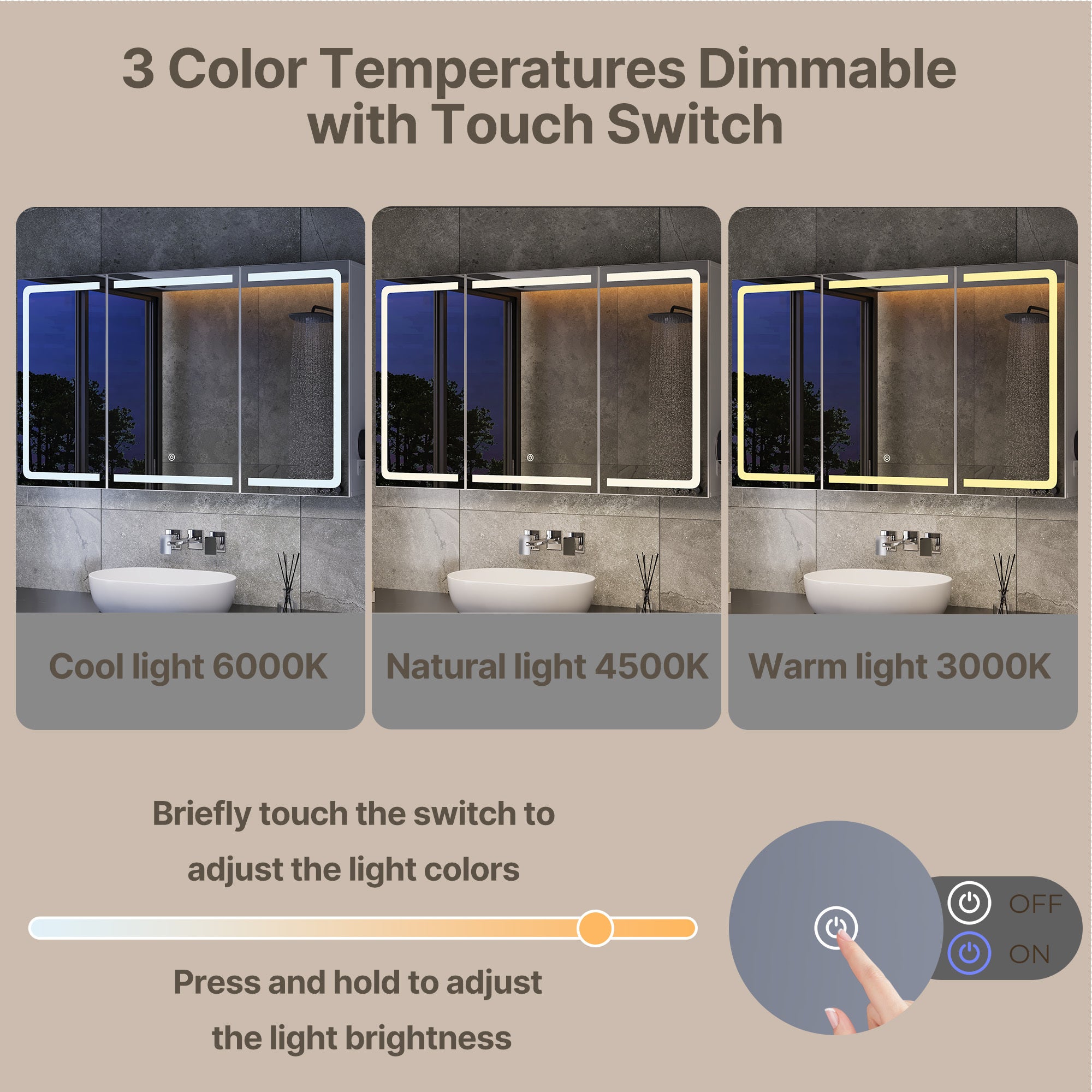 Armadio da toilette specchio con LED,3 ante,100 x 16 x 60 cm,ripiani regolabili,3 temperature di luce - 5