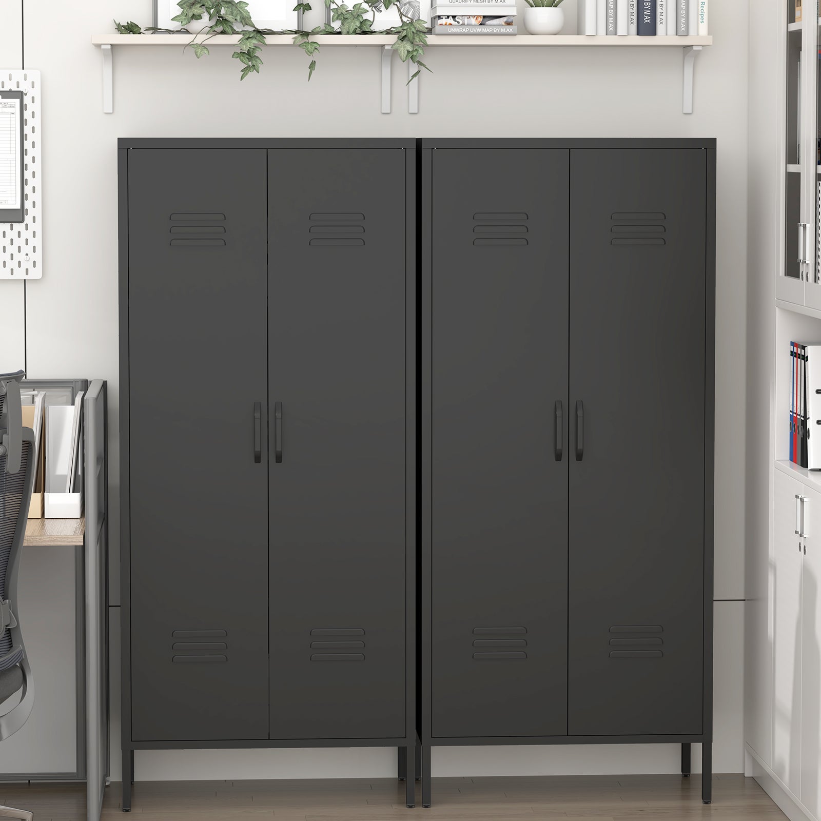 Armario alto de metal negro con 2 puertas y estantes ajustables, armario utilitario multifuncional para oficina en casa, cuarto de servicio y garaje. - 6