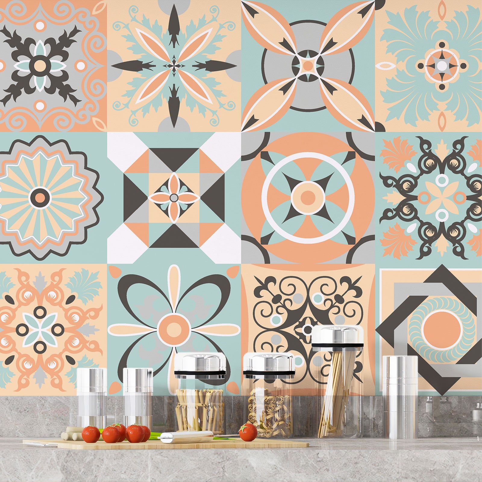 Crédence adhésive sticker décoratif pour cuisine - Effet carreaux de ciment - Adhésif MAT - 60x120 cm - 4