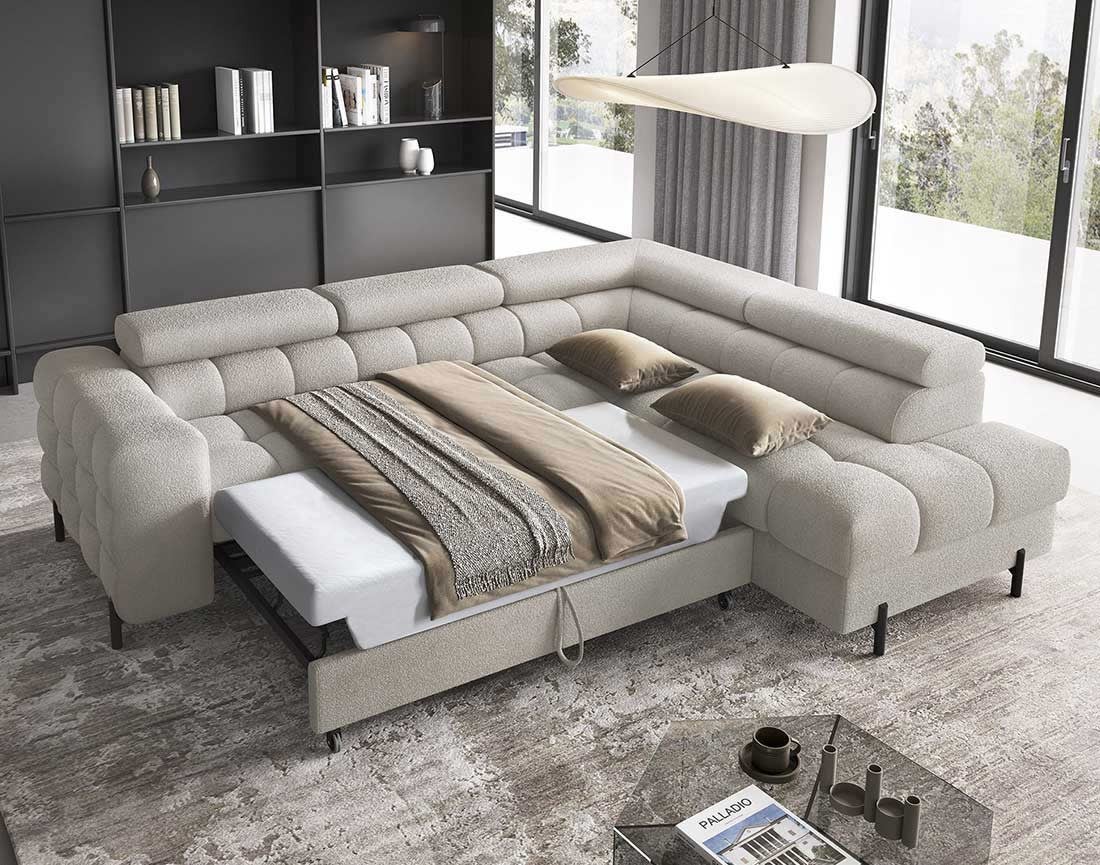 Canapé d'angle droit convertible 5 places en tissu bouclette taupe - ELISA - Best Mobilier - 3