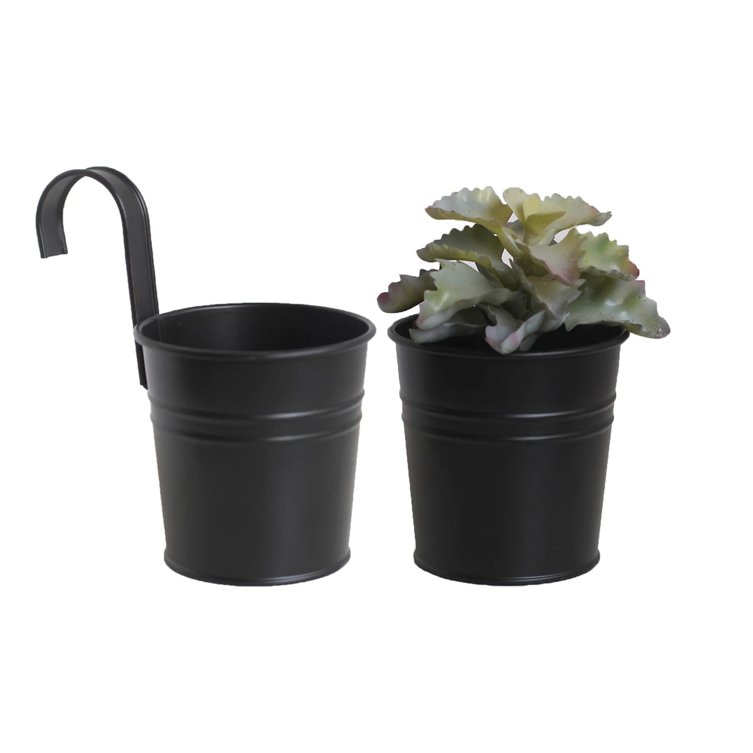 4 Pièces Pots de Fleurs à Suspendre, Fleurs en Métal Vase Suspendu, Crochet Seau à Fleurs, Trou de Drainage au Fond, Crochet Amovible, (Noir,Mini) - 2