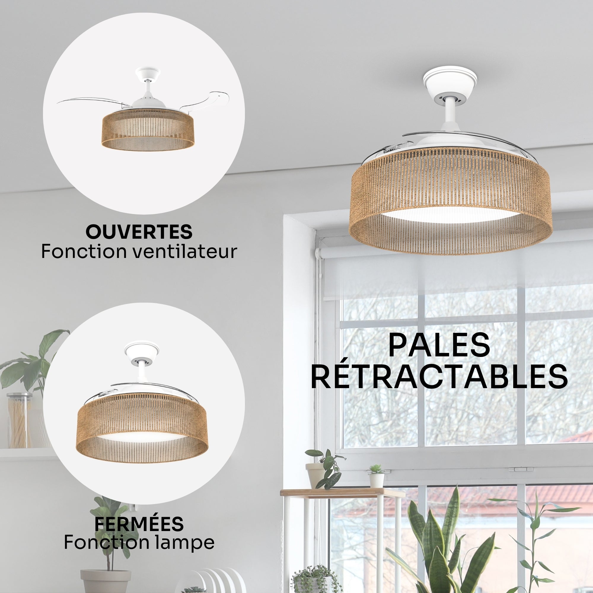 Ventilateur de plafond avec lumière LED réglable Mellerware - Brizy Bright Rattan, minuterie jusqu'à 8h, compatible avec plafonds inclinés. - 3
