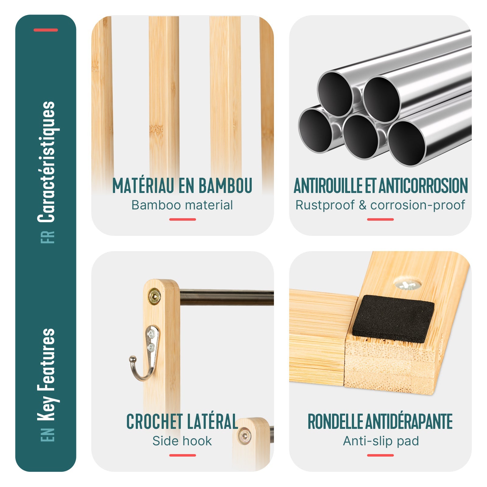 Porte-serviettes autoportant sur pied - Support à 3 niveaux avec crochets - Bambou - VOUNOT® - 5