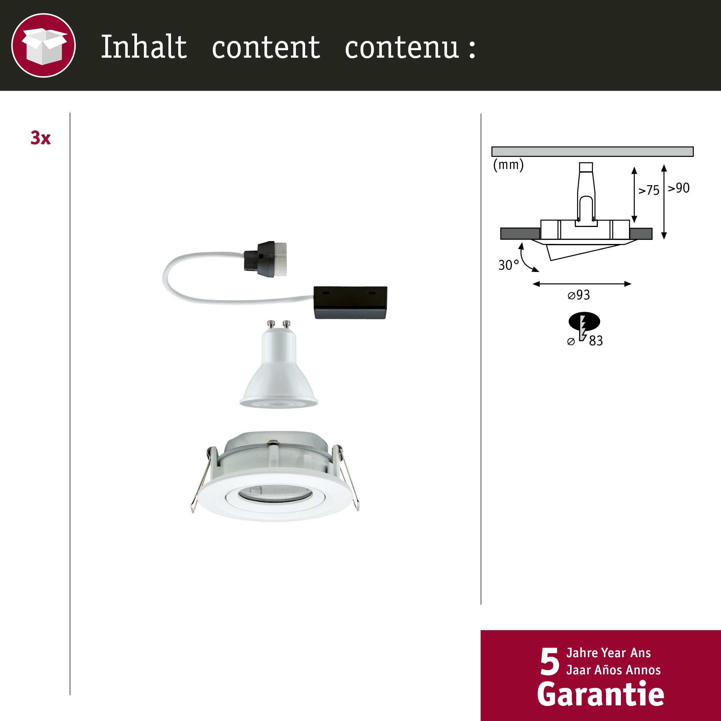 Spot encastré LED Nova Plus Kit de 3 orientable IP65 rond 93mm 30° GU10 3x7W 3x460lm 230V gradable 2700K Blanc dépoli - 4