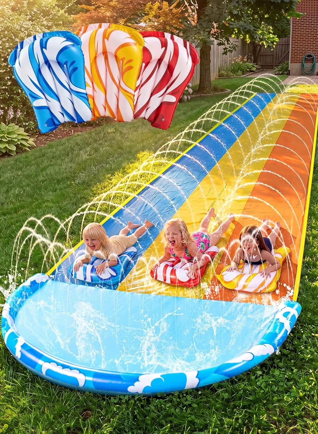 Toboggan gonflable à poser au sol, trois pistes, glissière plate — free download