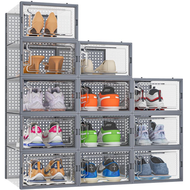 Caja de almacenamiento de zapatos, 12 cajas de zapatos apilables, organizador de zapatos de plástico transparente, contenedores de zapatos con tapas