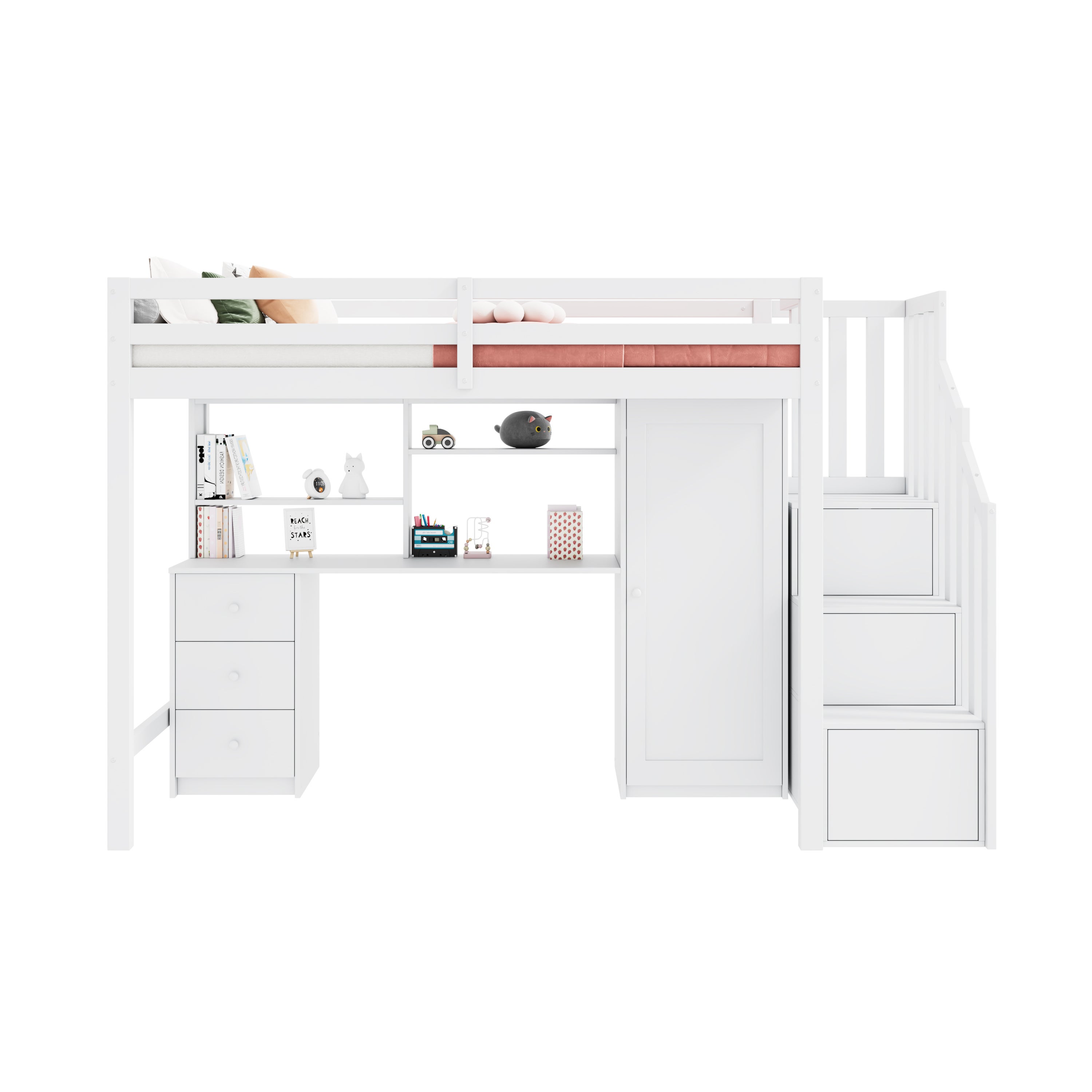 Lit superposé enfant 90 x 200 cm avec bureau, armoire et rangements, escalier sécurisé, bois massif blanc - 9
